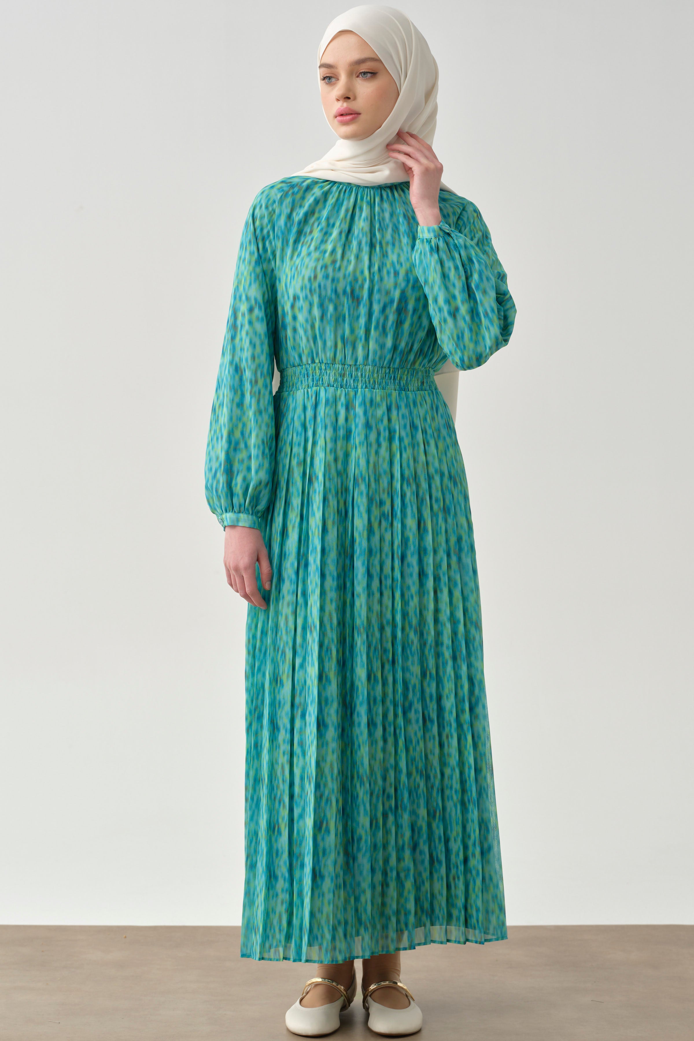 Bel Lastikli Pliseli Elbise - Mavi TUGBA