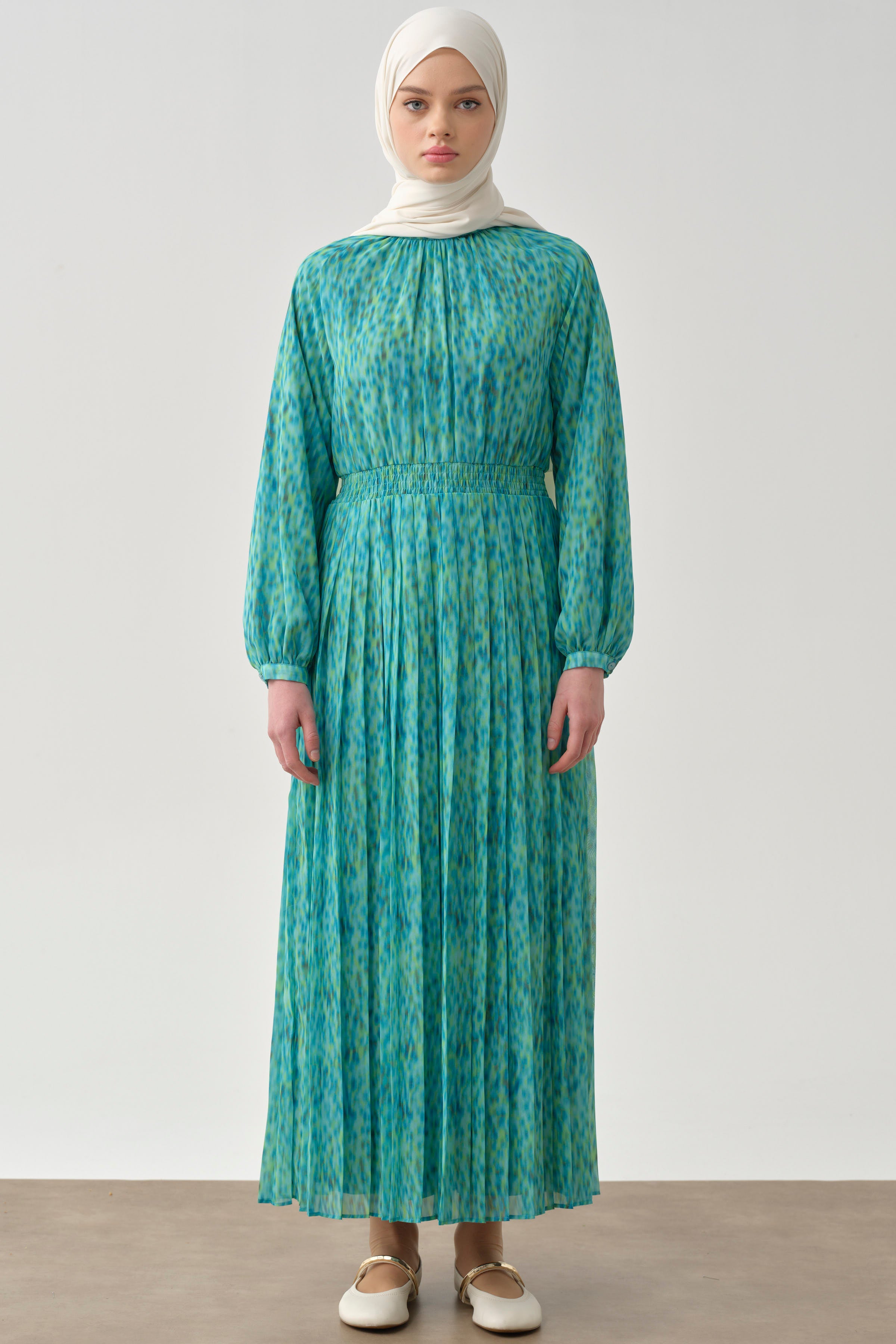 Bel Lastikli Pliseli Elbise - Mavi TUGBA