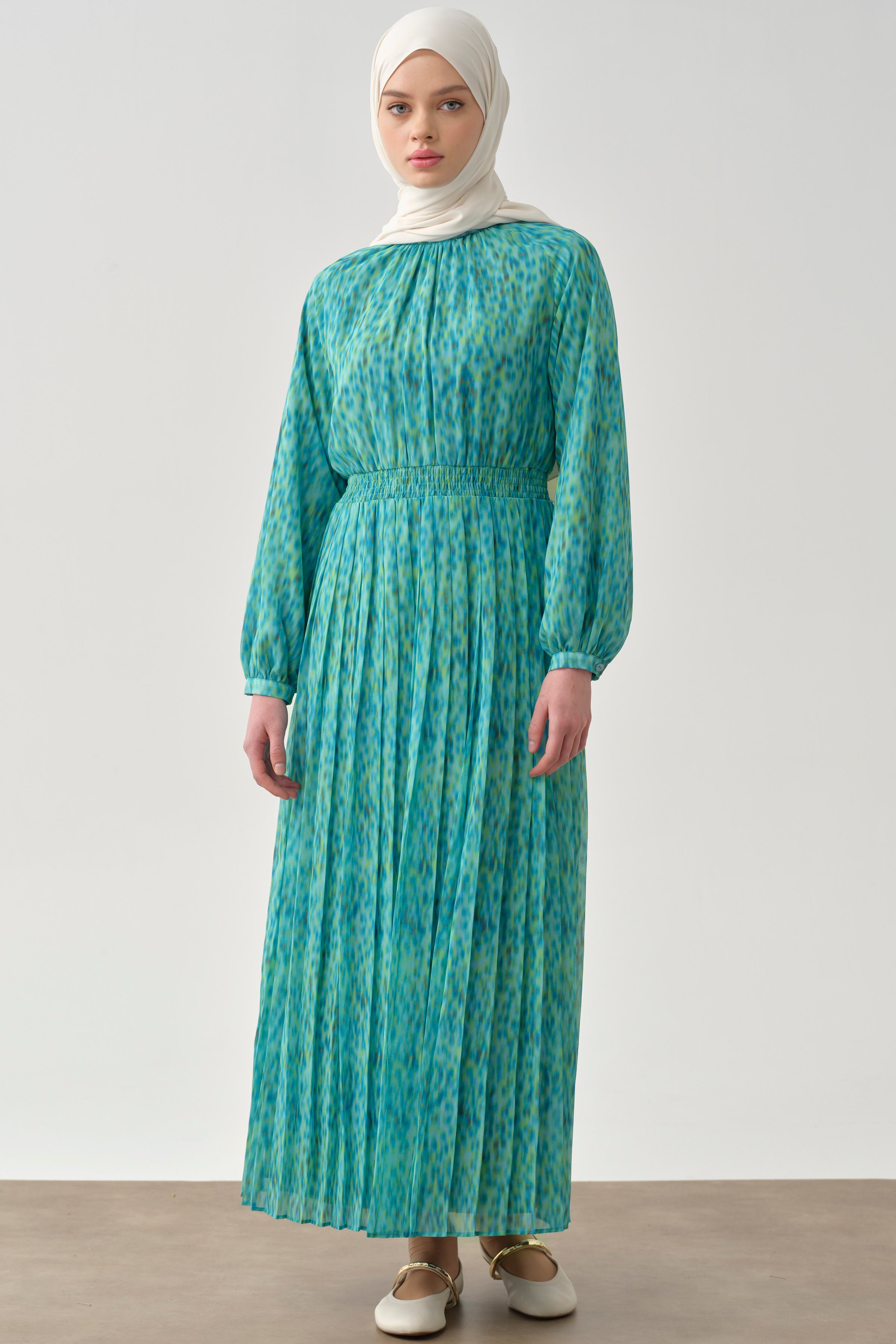 Bel Lastikli Pliseli Elbise - Mavi TUGBA