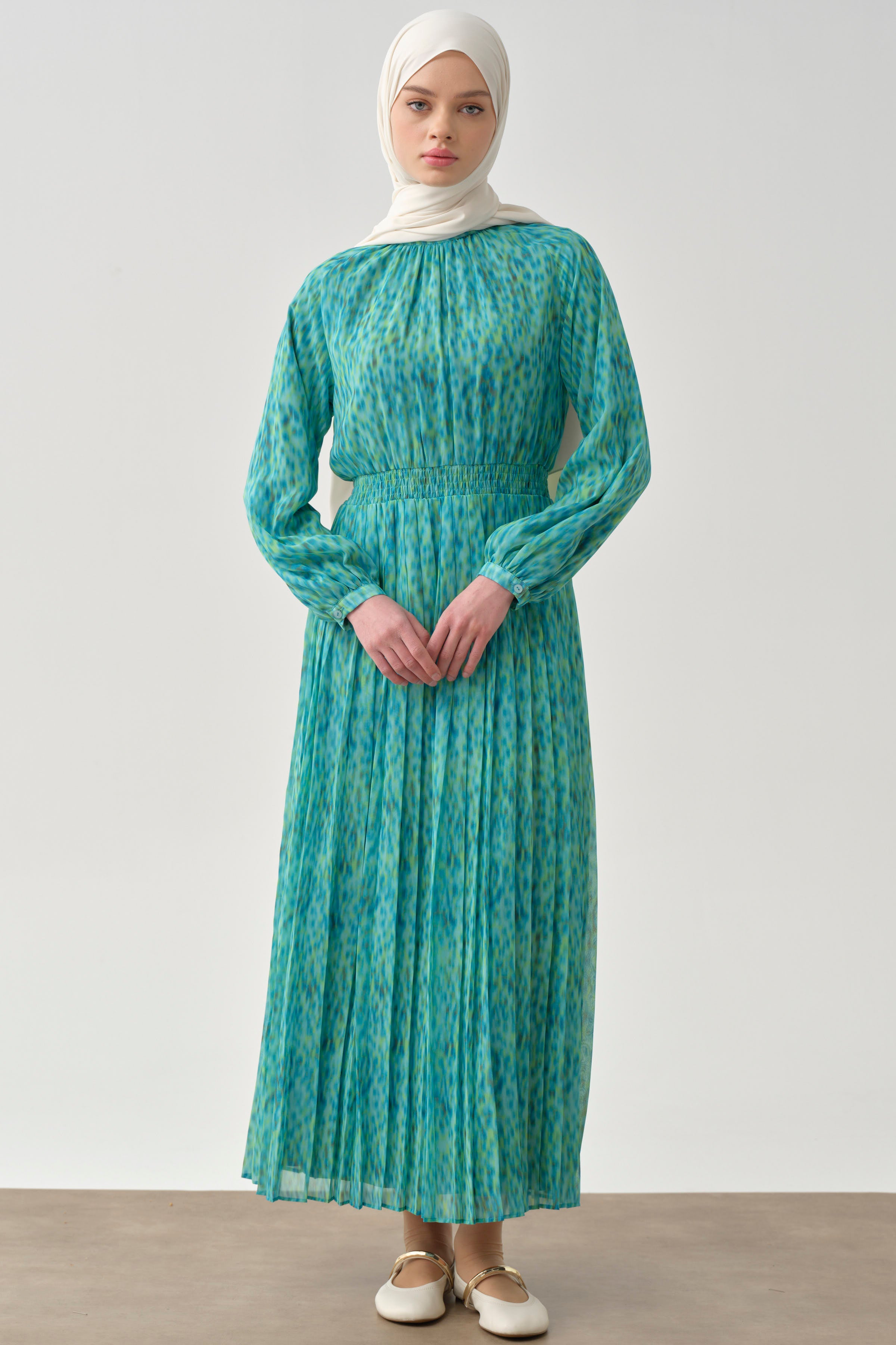 Bel Lastikli Pliseli Elbise - Mavi TUGBA