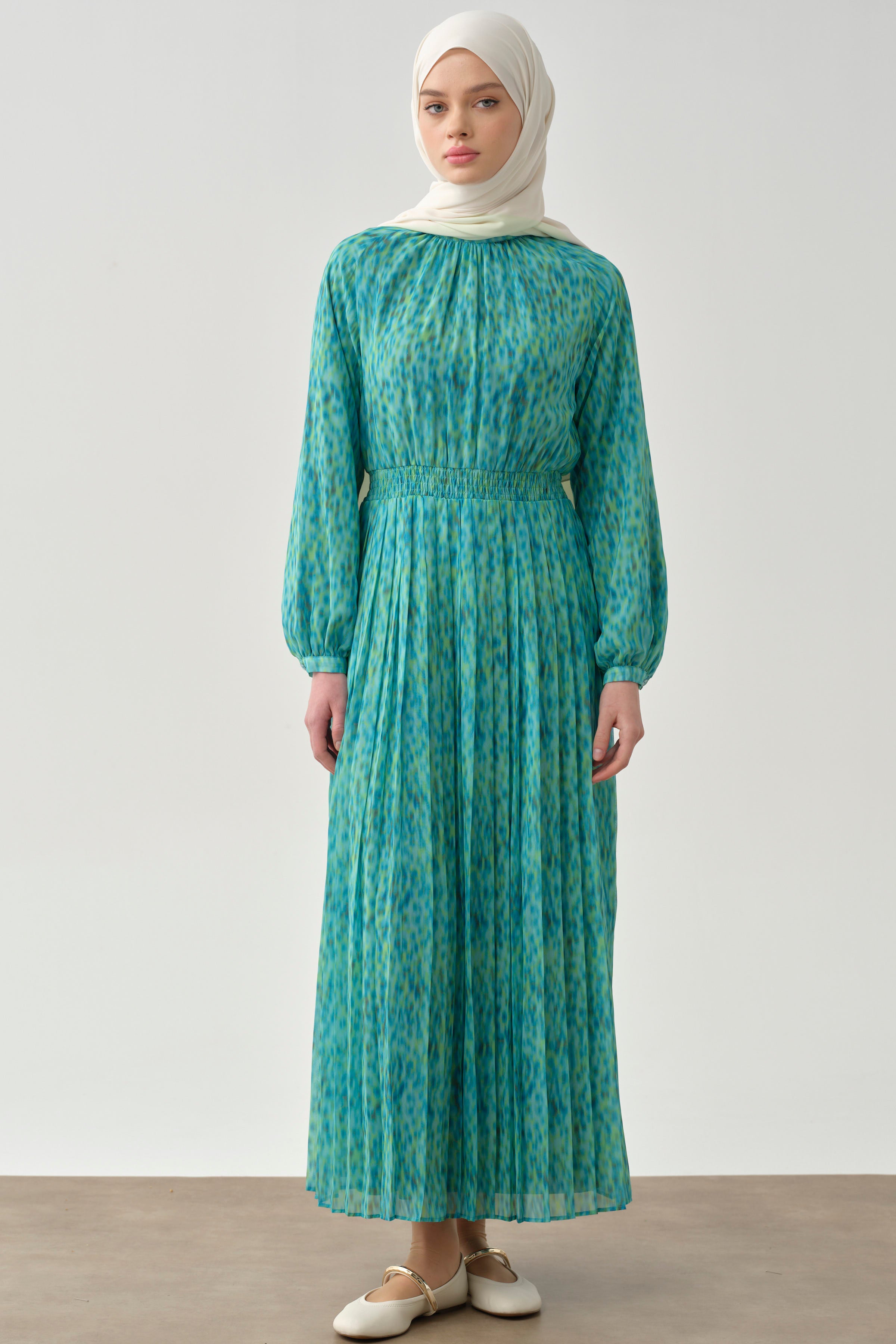 Bel Lastikli Pliseli Elbise - Mavi TUGBA