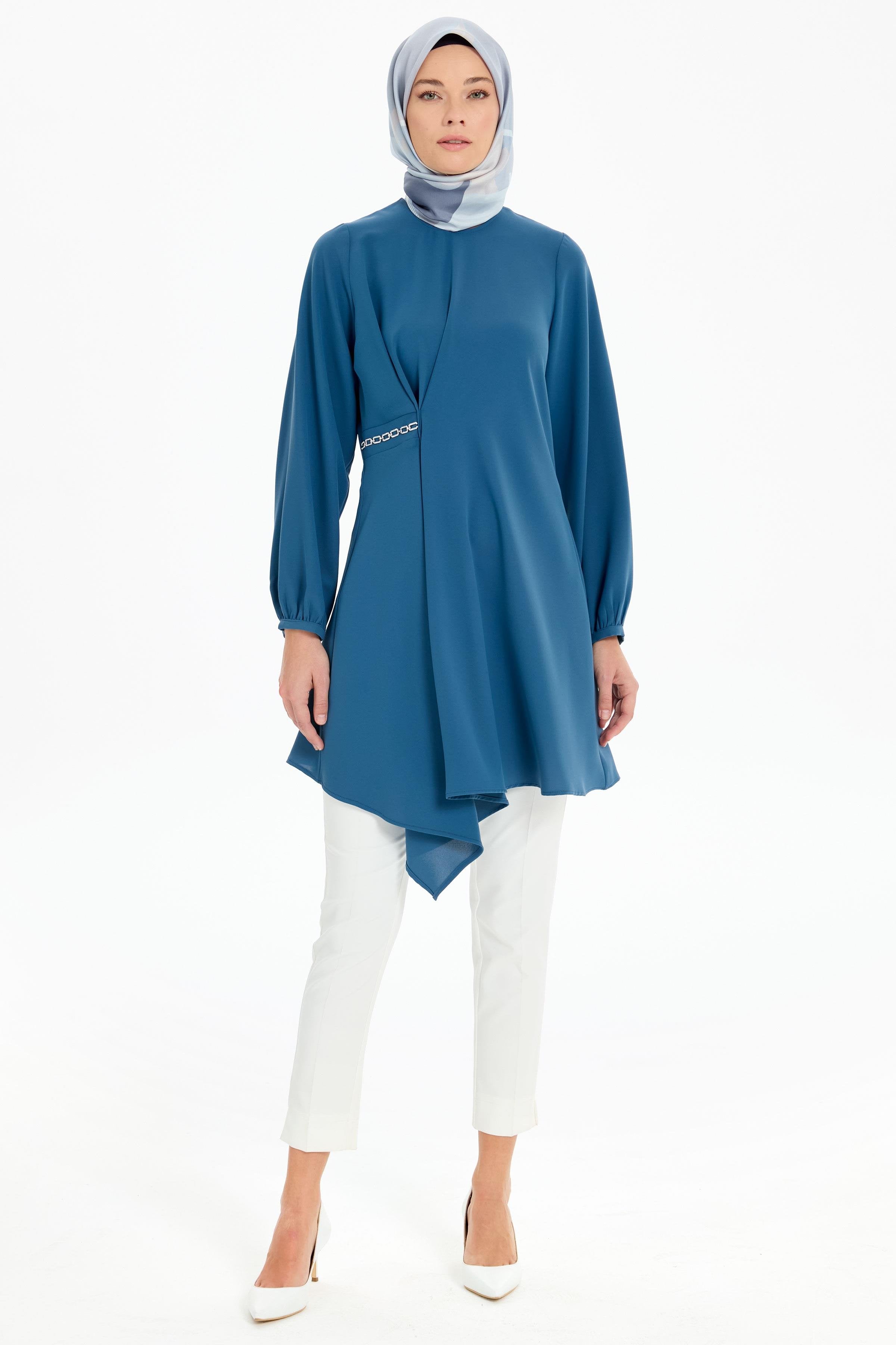 Bel Zincir Aksesuarlı Asimetrik Kesim Tunik - Mavi TUGBA