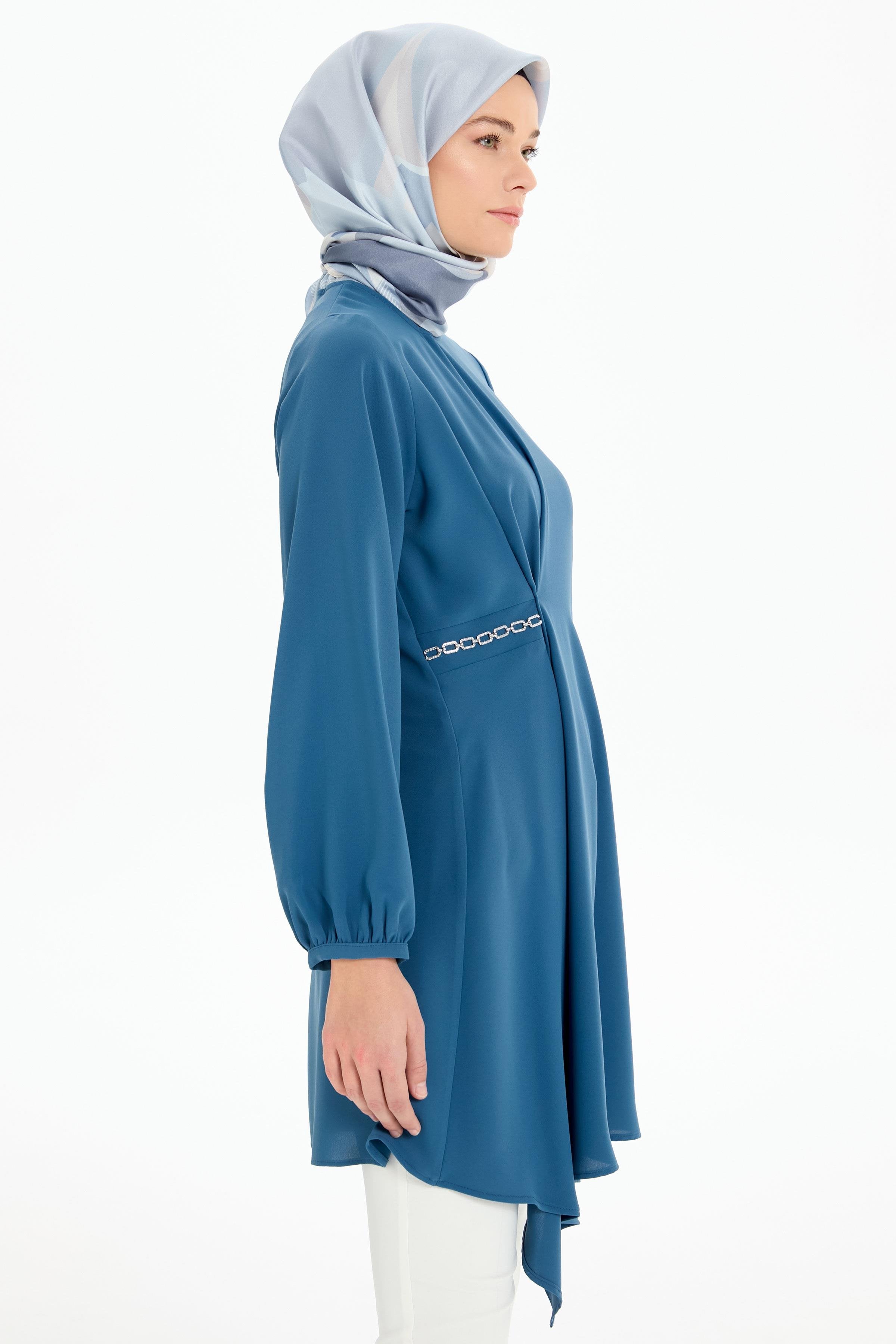 Bel Zincir Aksesuarlı Asimetrik Kesim Tunik - Mavi TUGBA