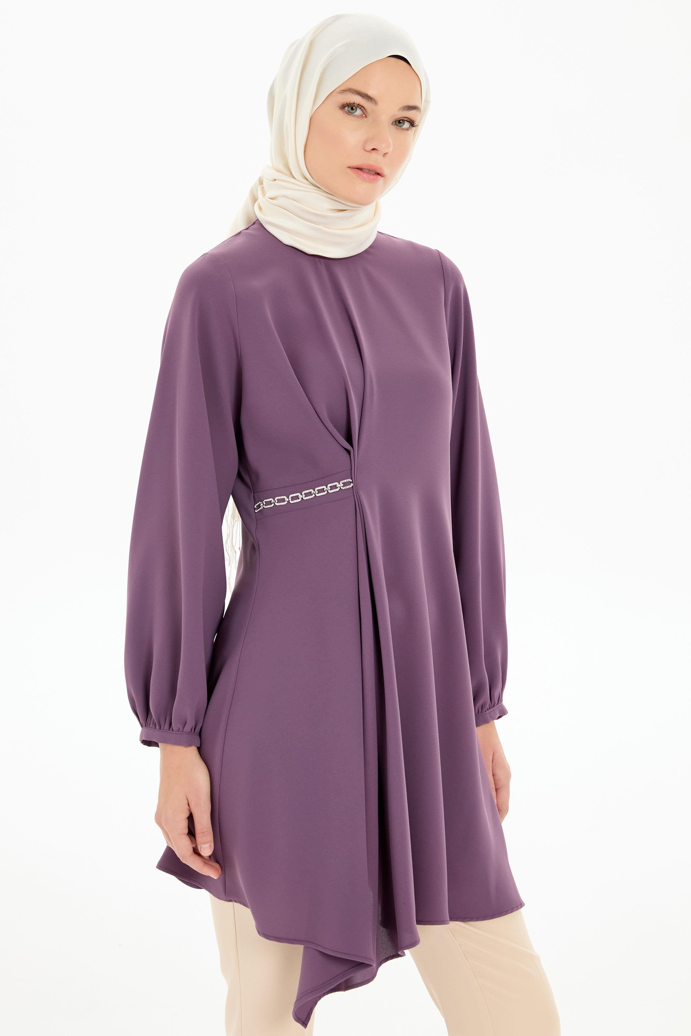 Bel Zincir Aksesuarlı Asimetrik Kesim Tunik - Mor TUGBA