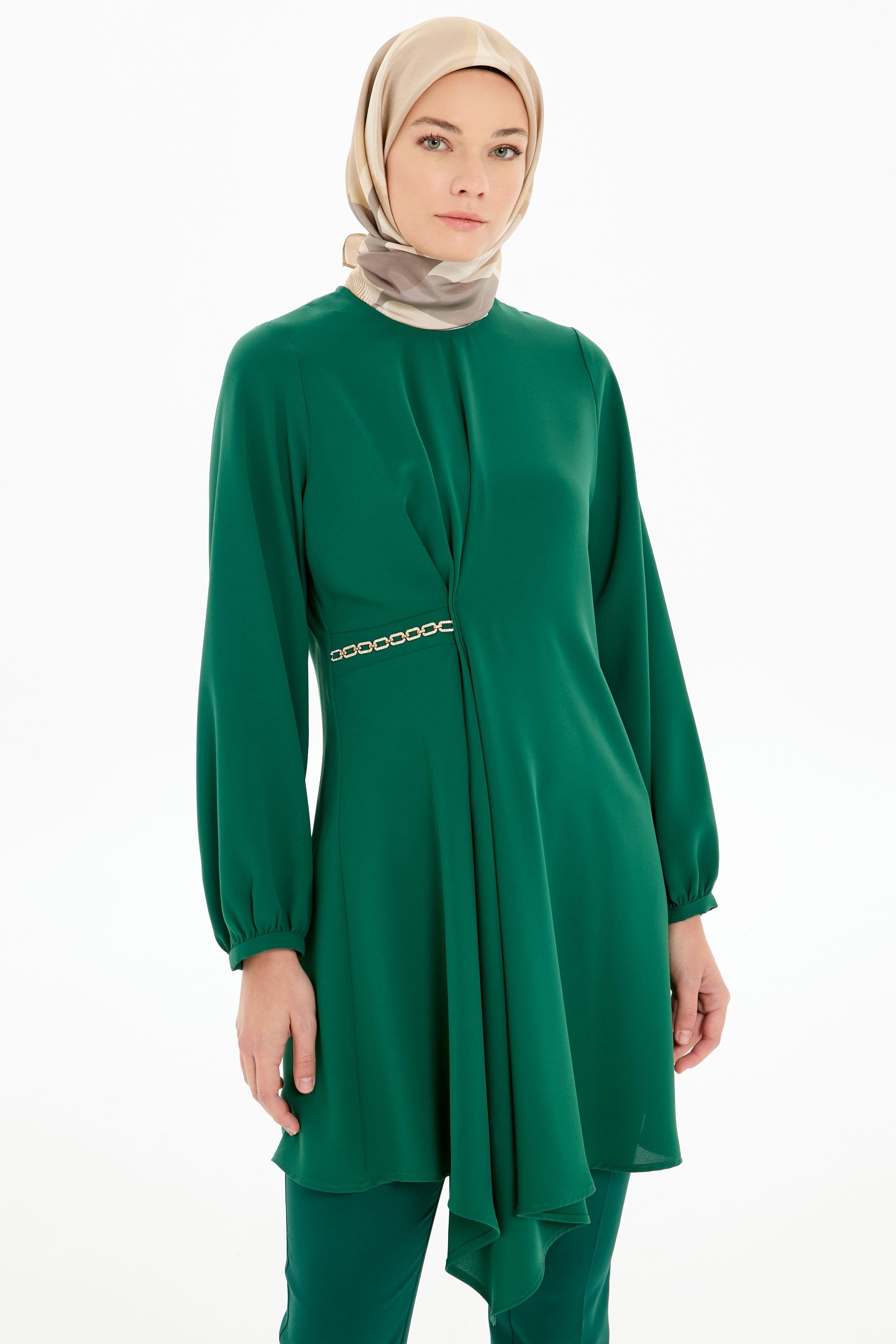 Bel Zincir Aksesuarlı Asimetrik Kesim Tunik - Yeşil TUGBA