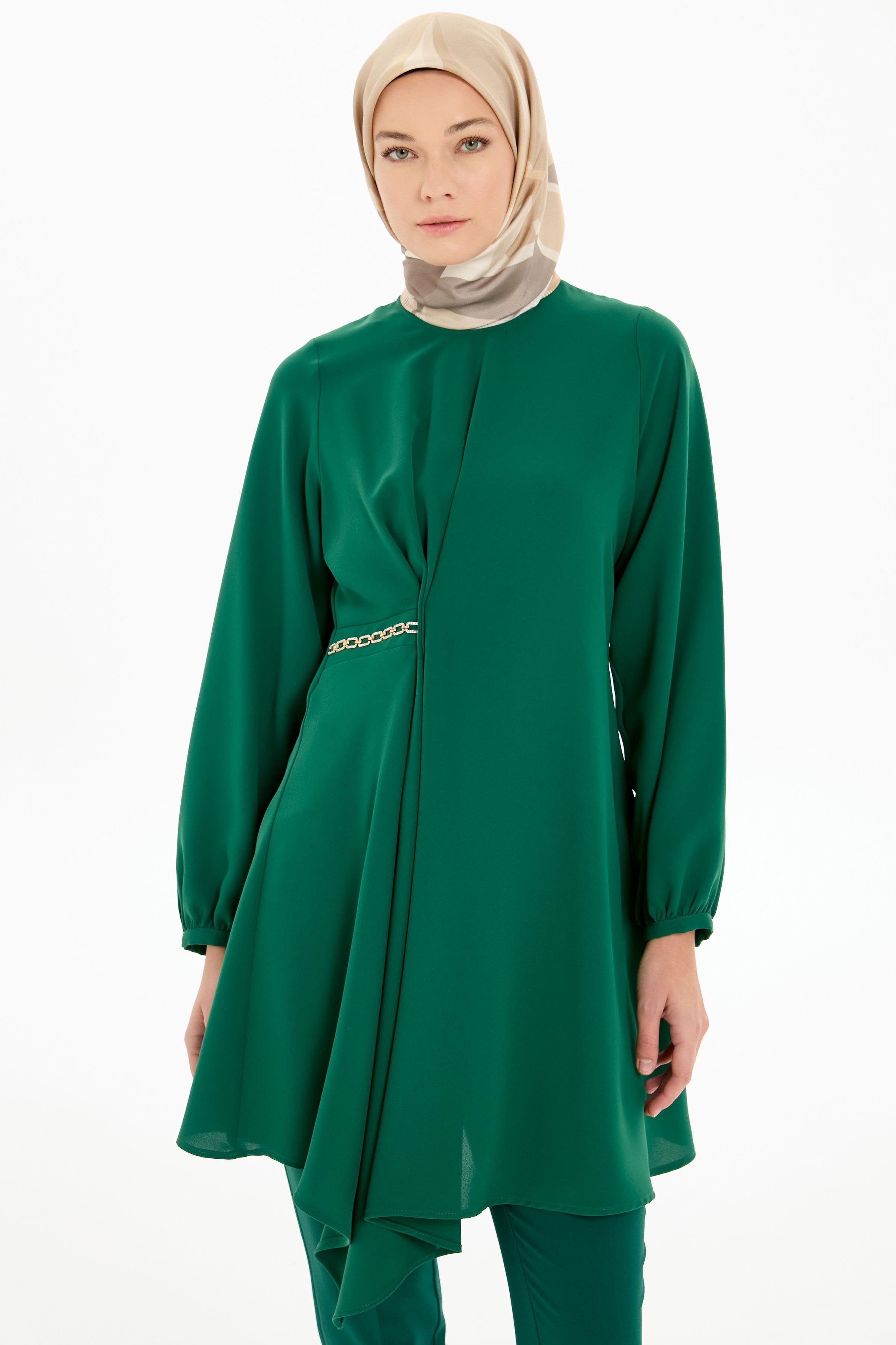 Bel Zincir Aksesuarlı Asimetrik Kesim Tunik - Yeşil TUGBA