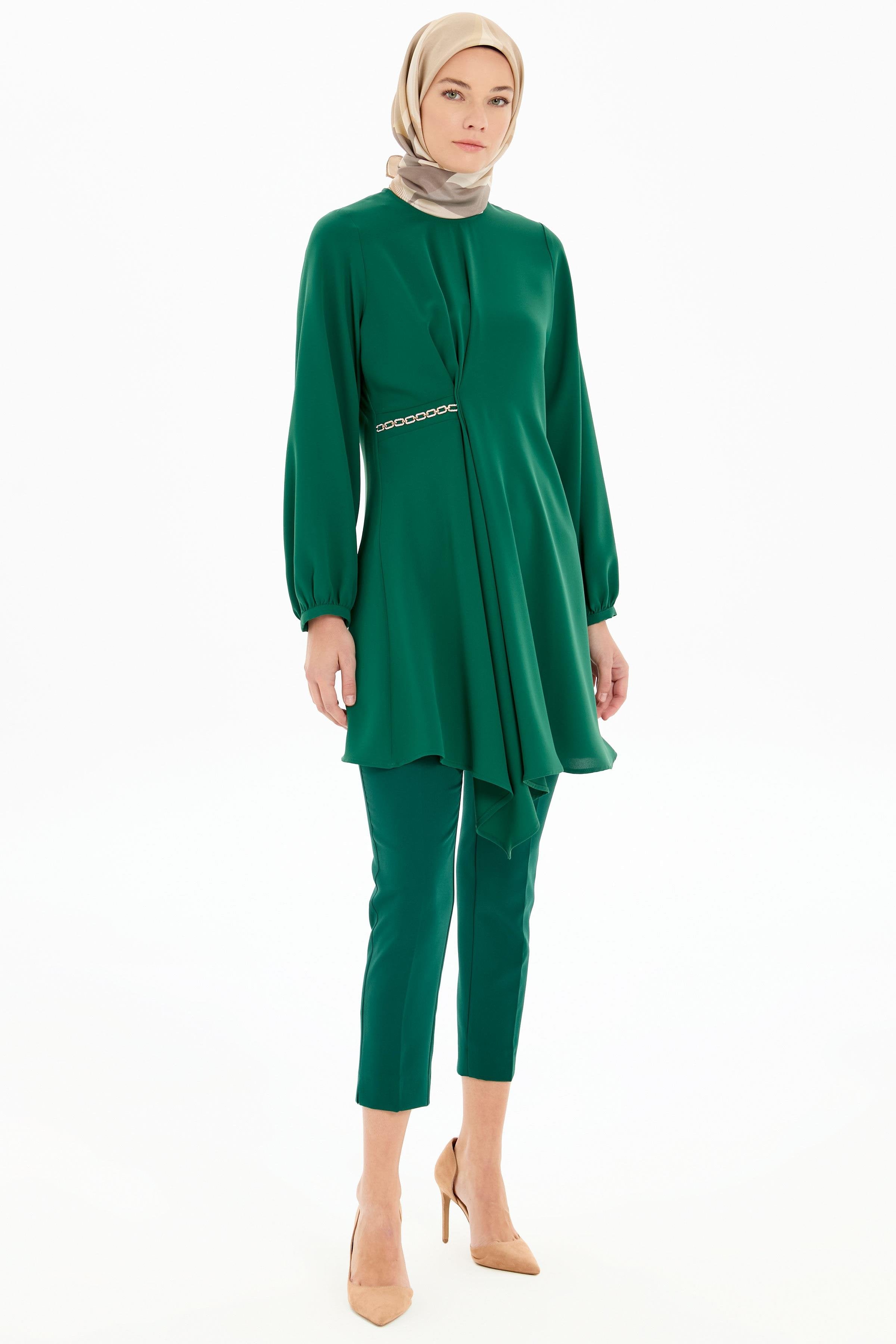 Bel Zincir Aksesuarlı Asimetrik Kesim Tunik - Yeşil TUGBA