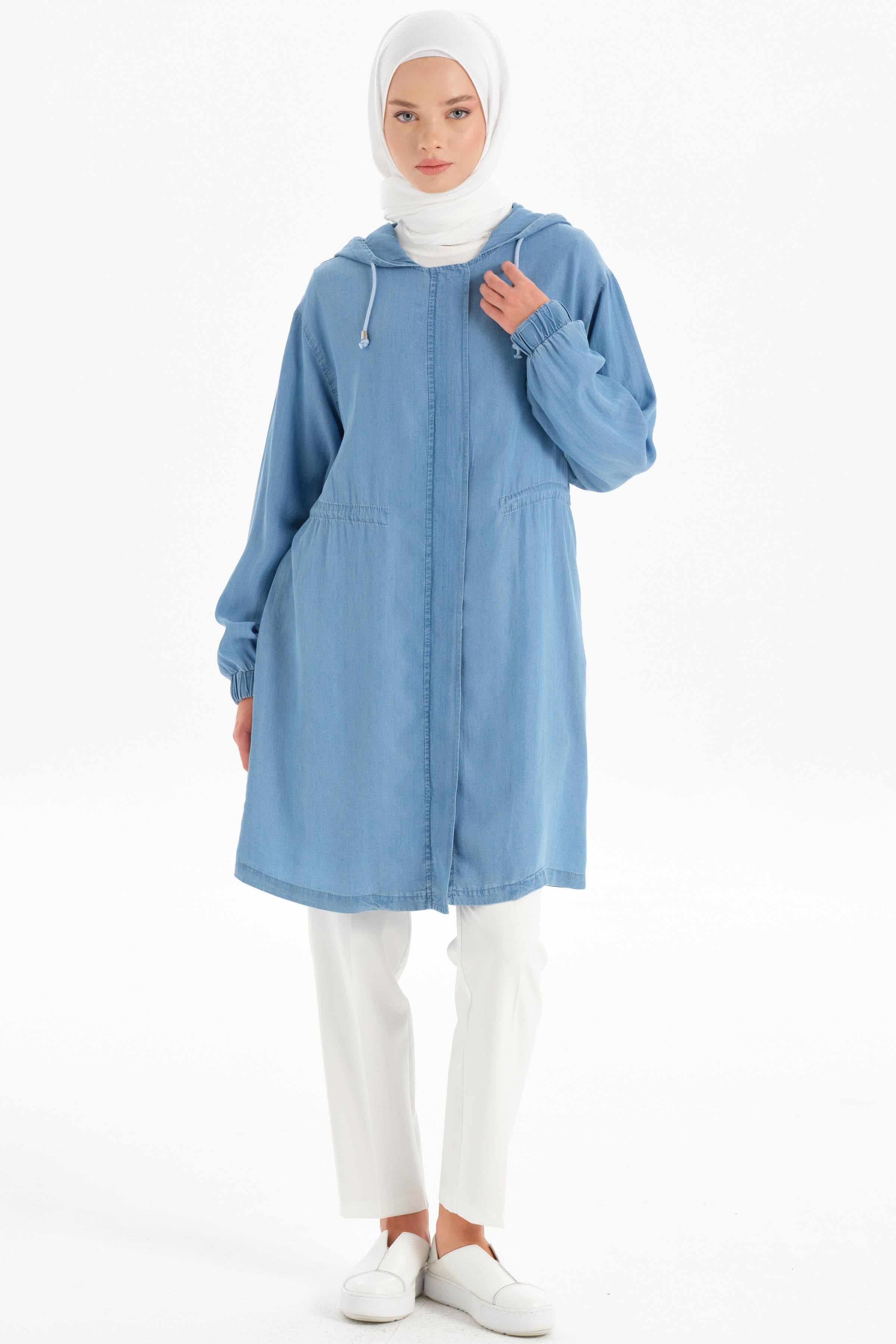 Belden Bağcıklı Kapüşonlu Tensel Giy-Çık - İndigo TUGBA