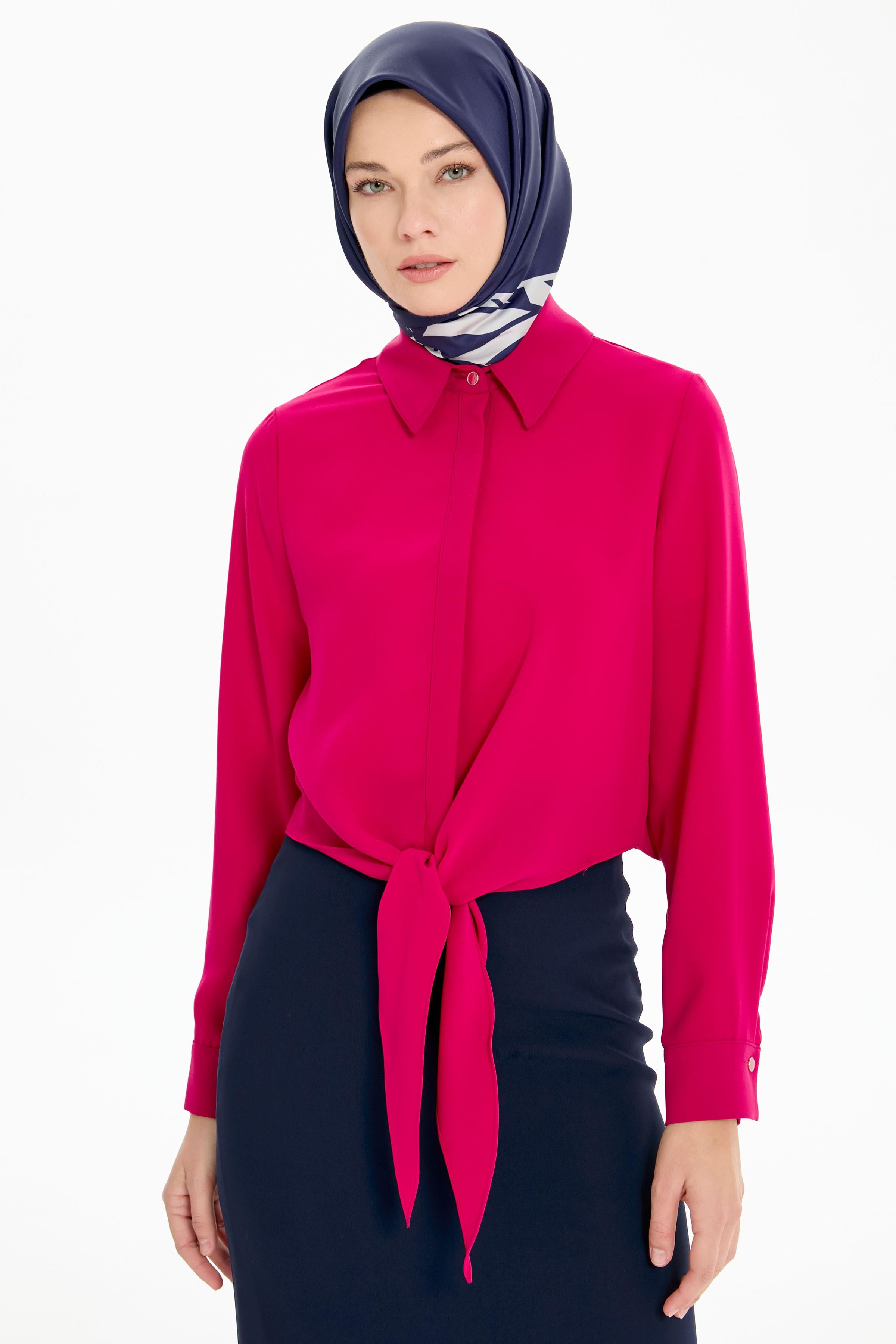 Belden Bağlamalı Gömlek - Fuşya TUGBA