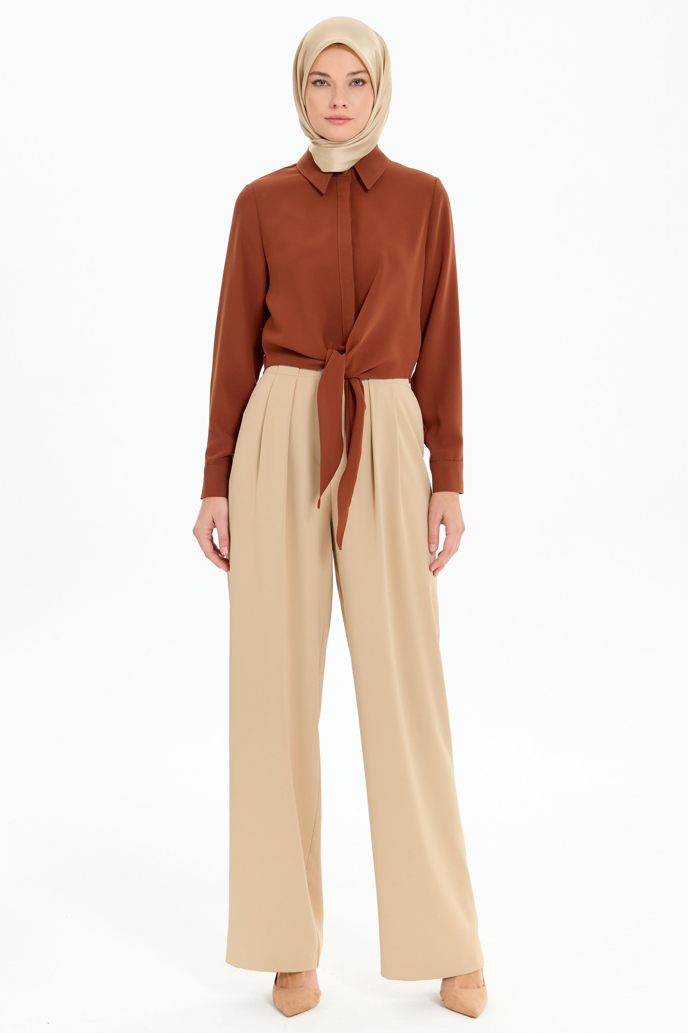 Belden Bağlamalı Gömlek - Kahve TUGBA