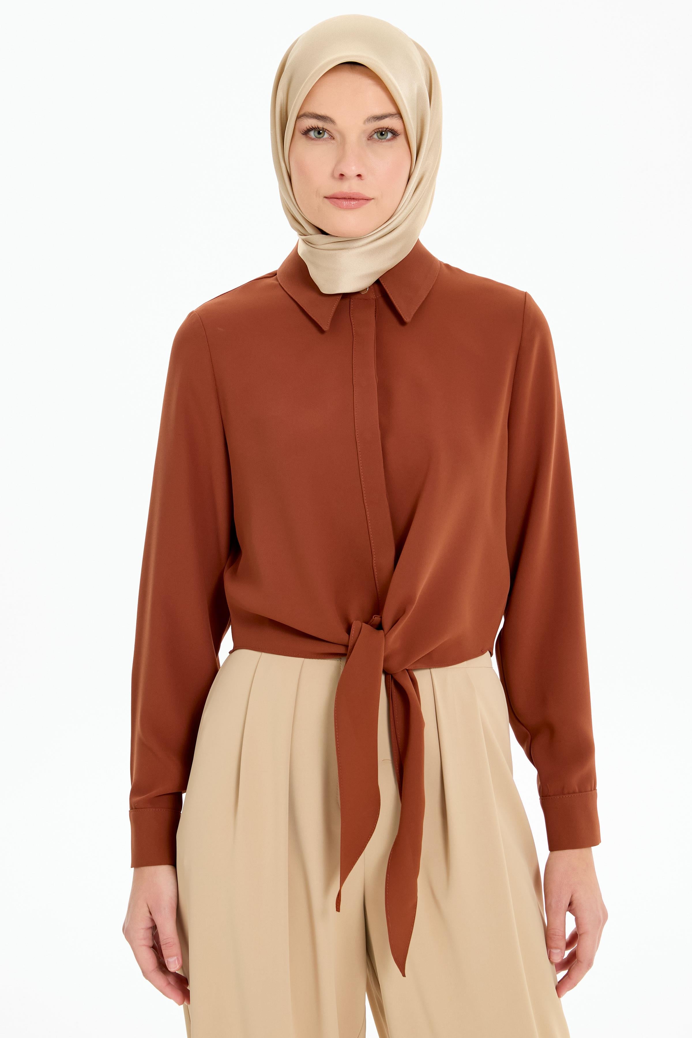 Belden Bağlamalı Gömlek - Kahve TUGBA