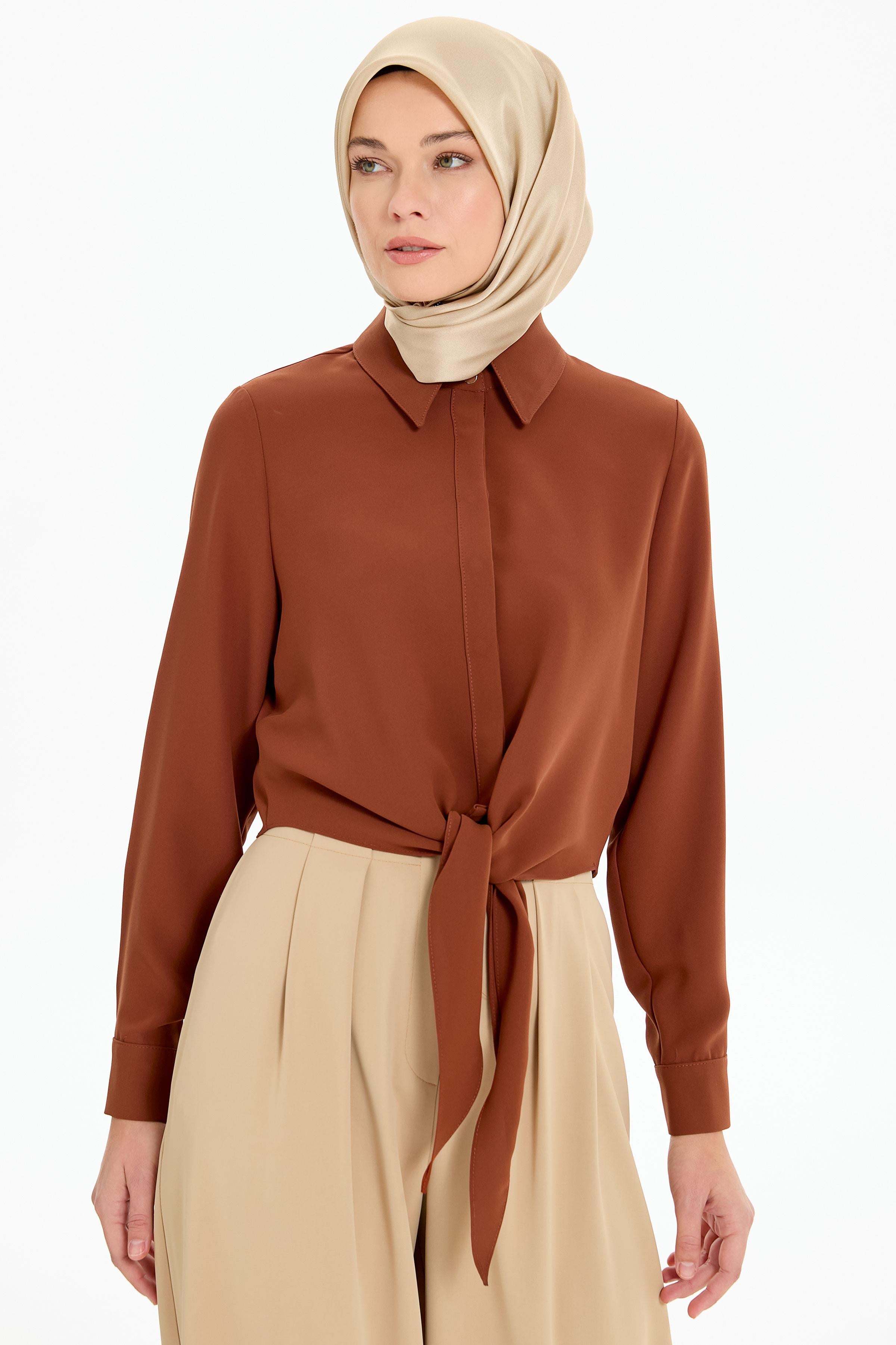 Belden Bağlamalı Gömlek - Kahve TUGBA