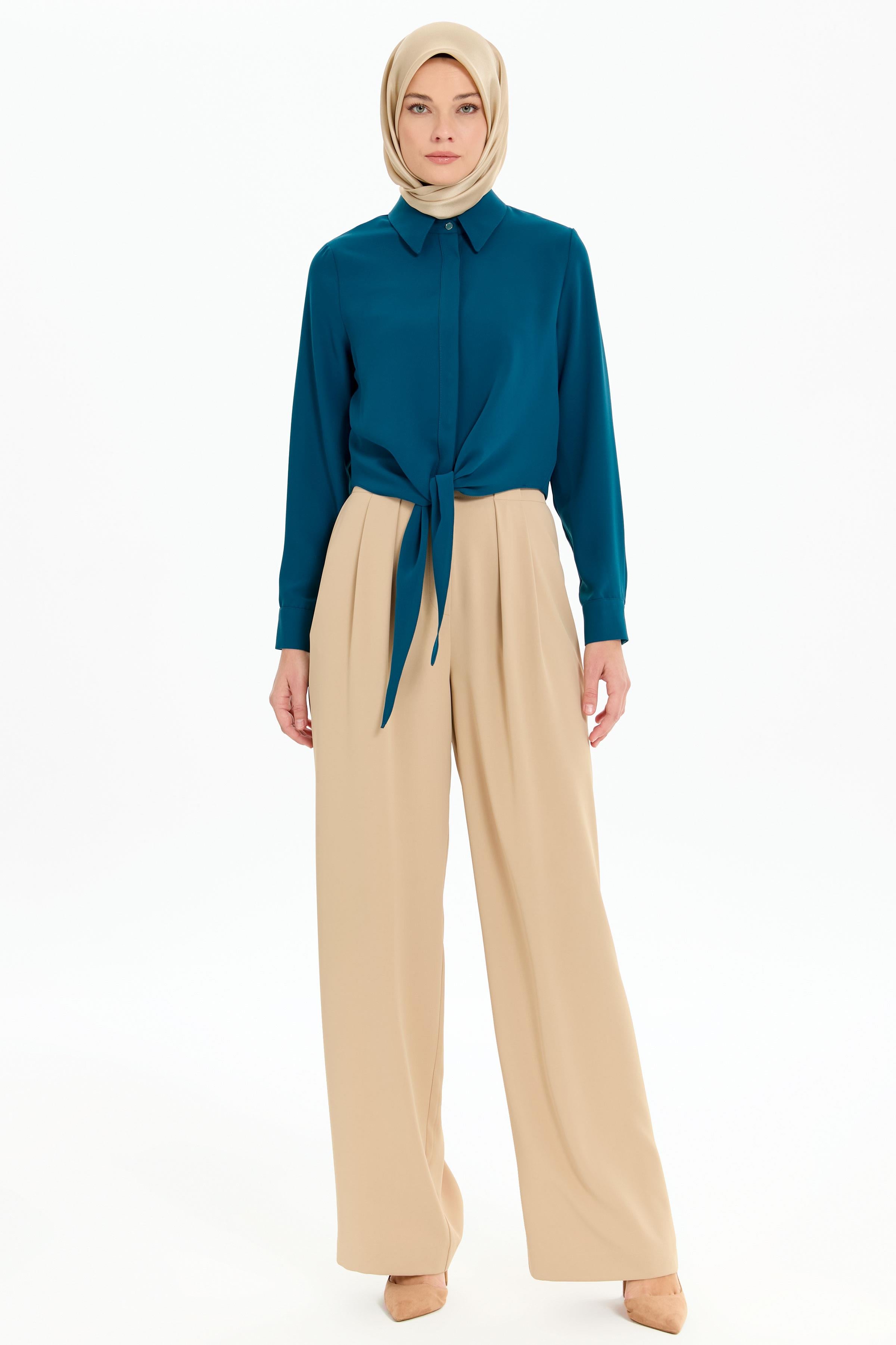 Belden Bağlamalı Gömlek - Petrol TUGBA