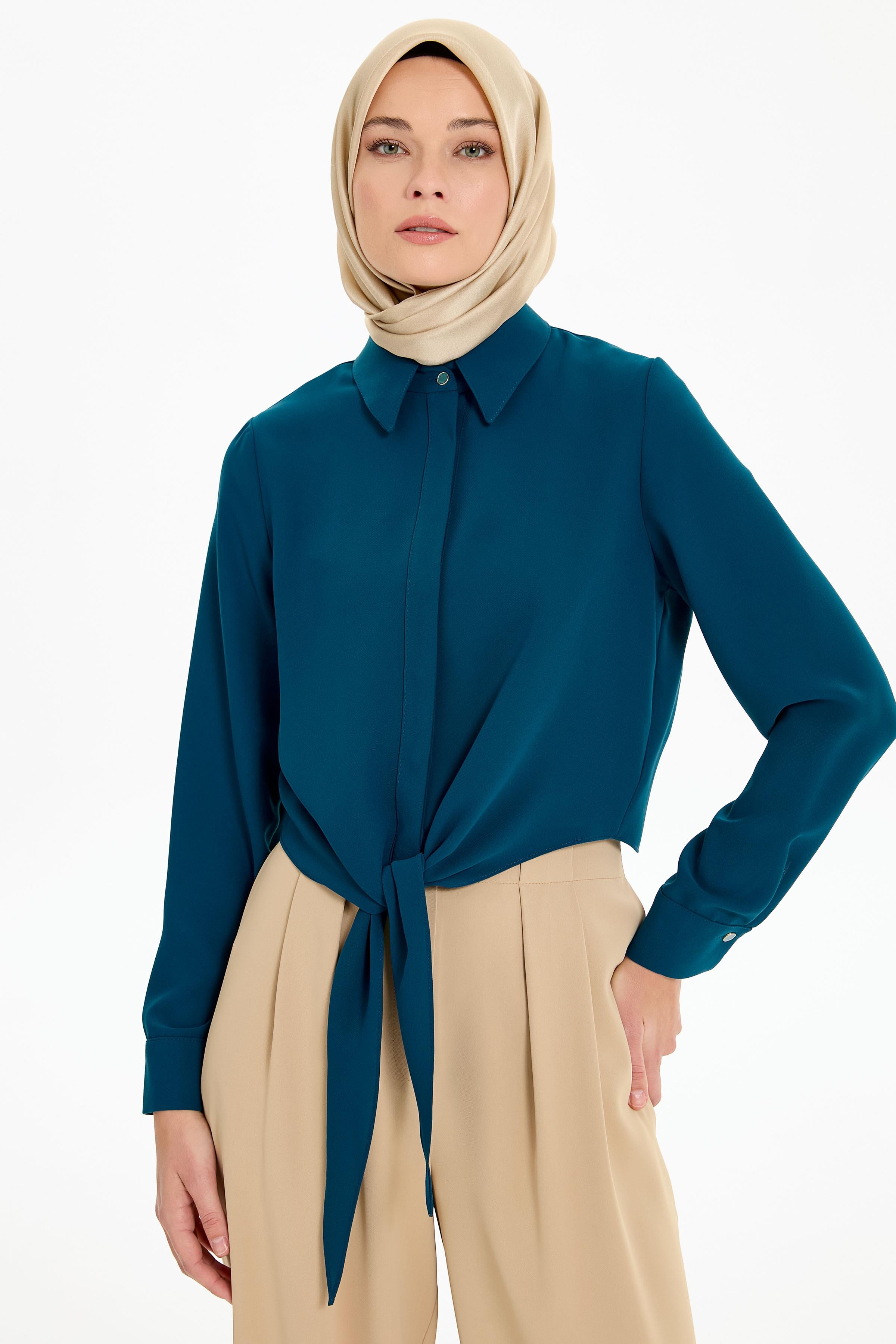 Belden Bağlamalı Gömlek - Petrol TUGBA