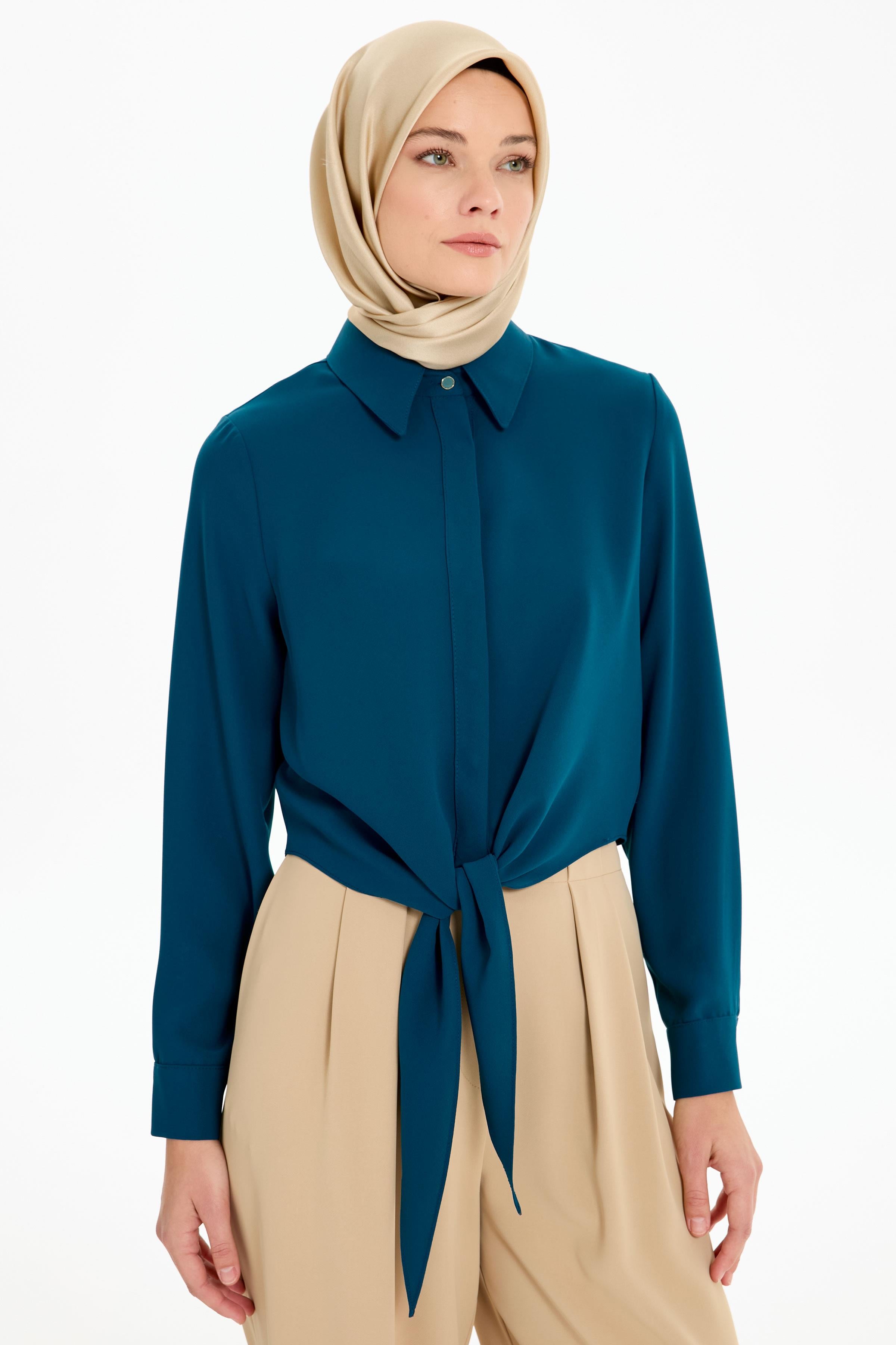 Belden Bağlamalı Gömlek - Petrol TUGBA