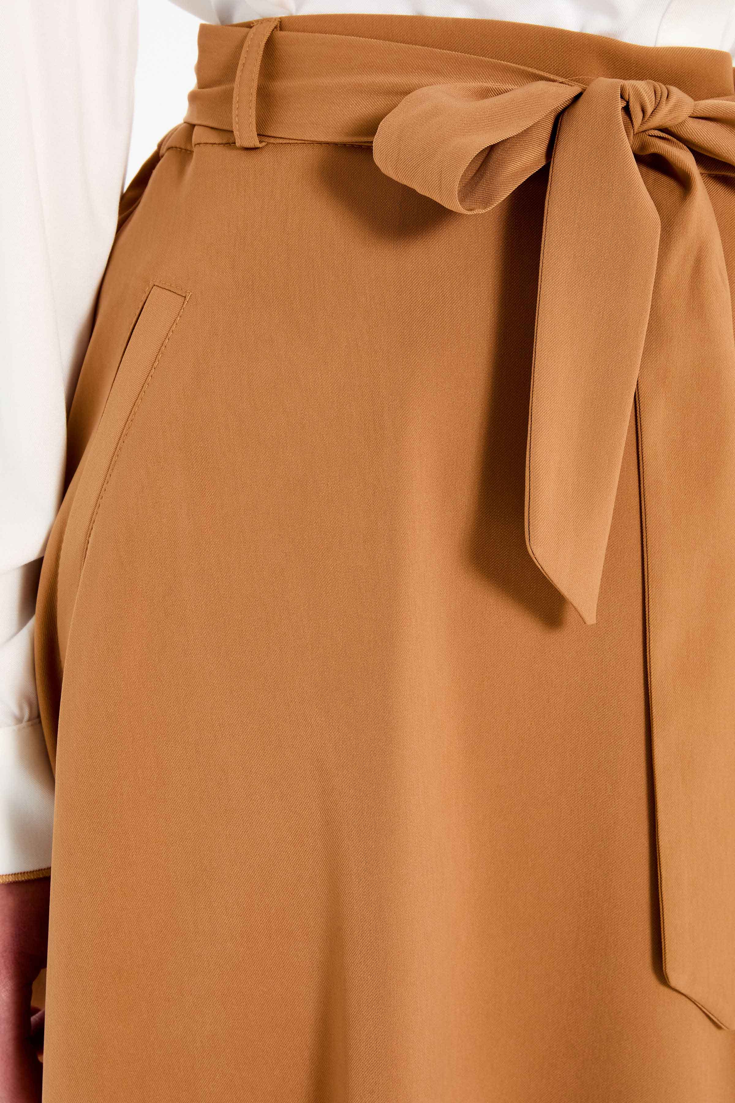 Beli Kuşaklı Cep Detaylı Etek - Camel TUGBA