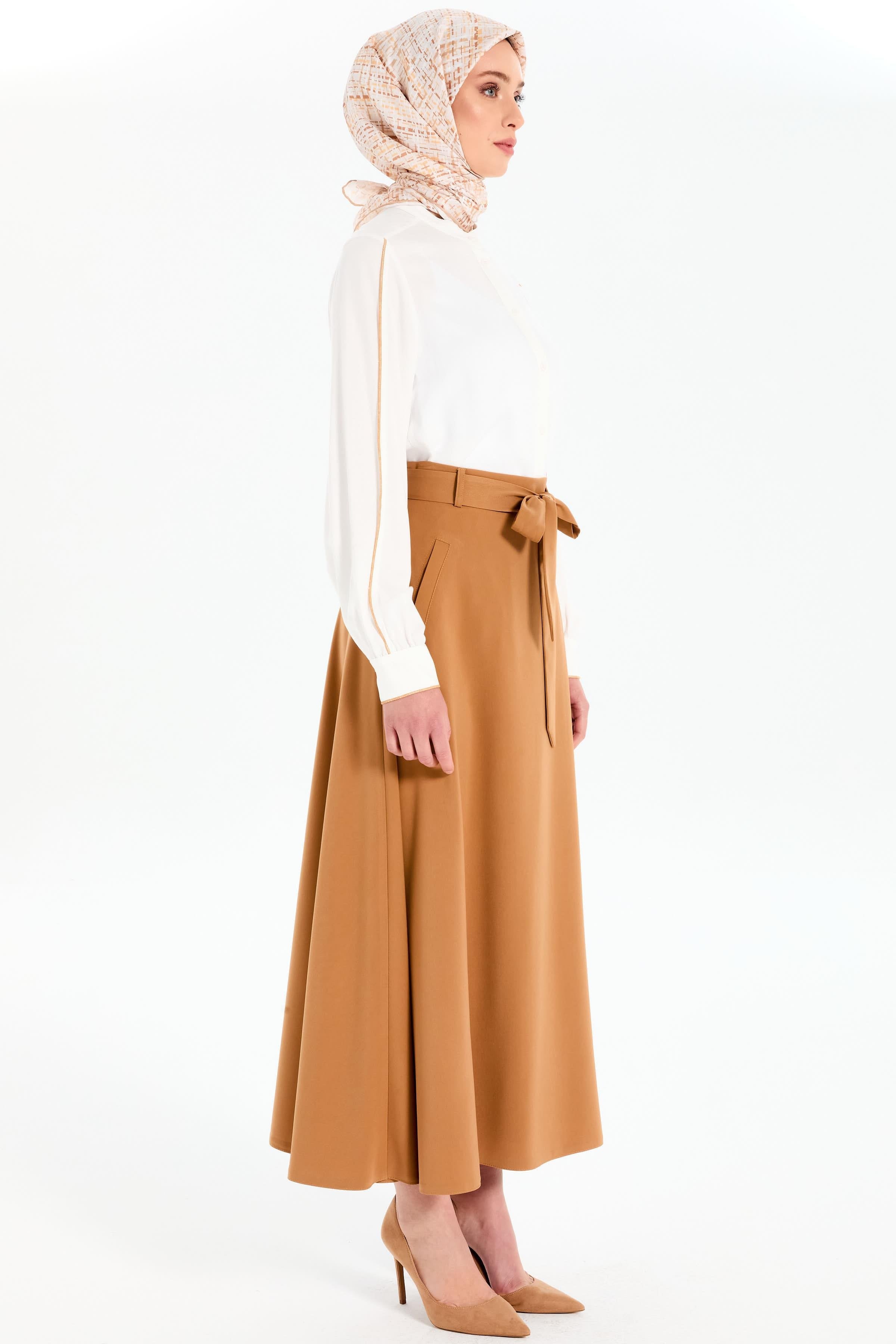 Beli Kuşaklı Cep Detaylı Etek - Camel TUGBA
