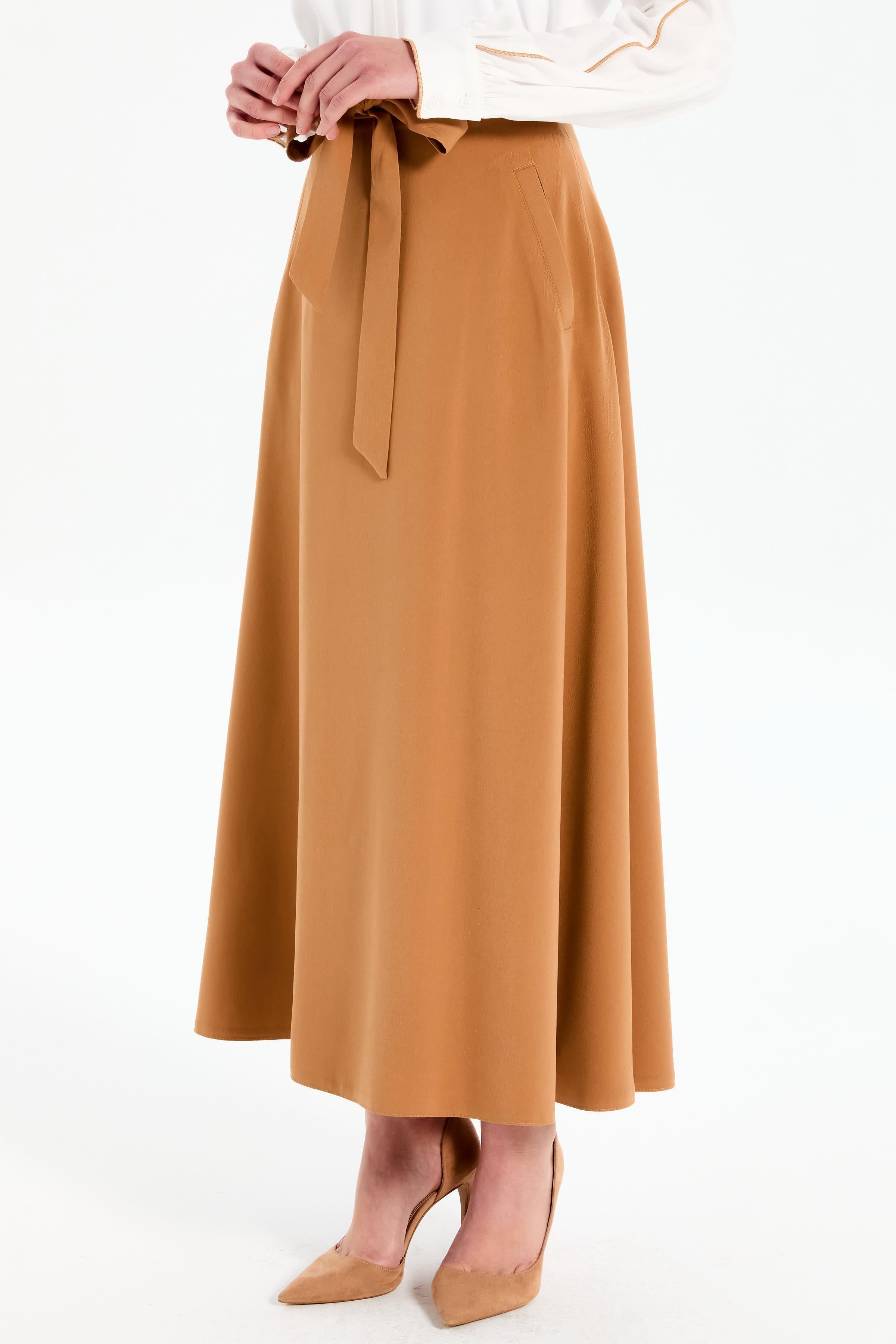 Beli Kuşaklı Cep Detaylı Etek - Camel TUGBA