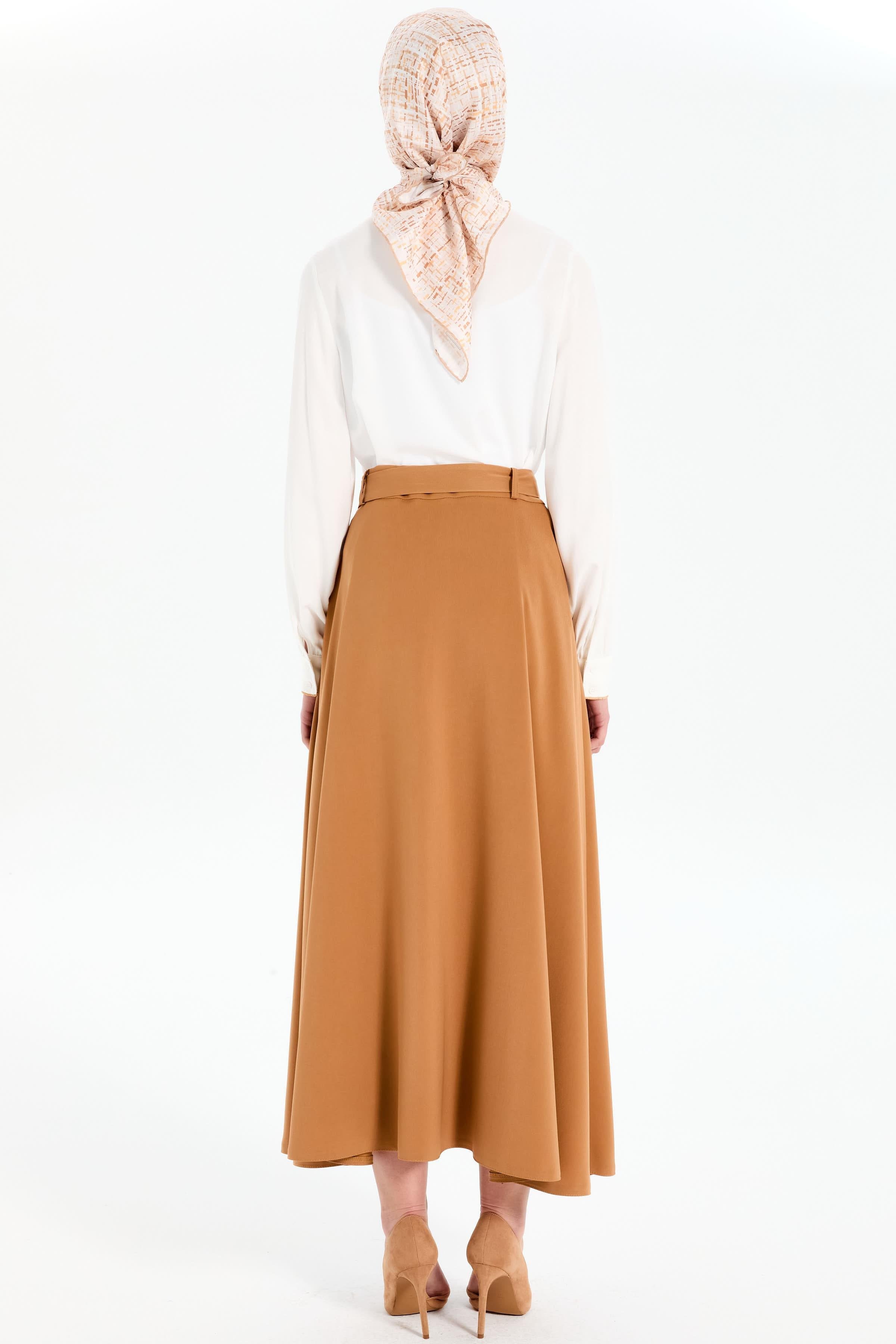 Beli Kuşaklı Cep Detaylı Etek - Camel TUGBA