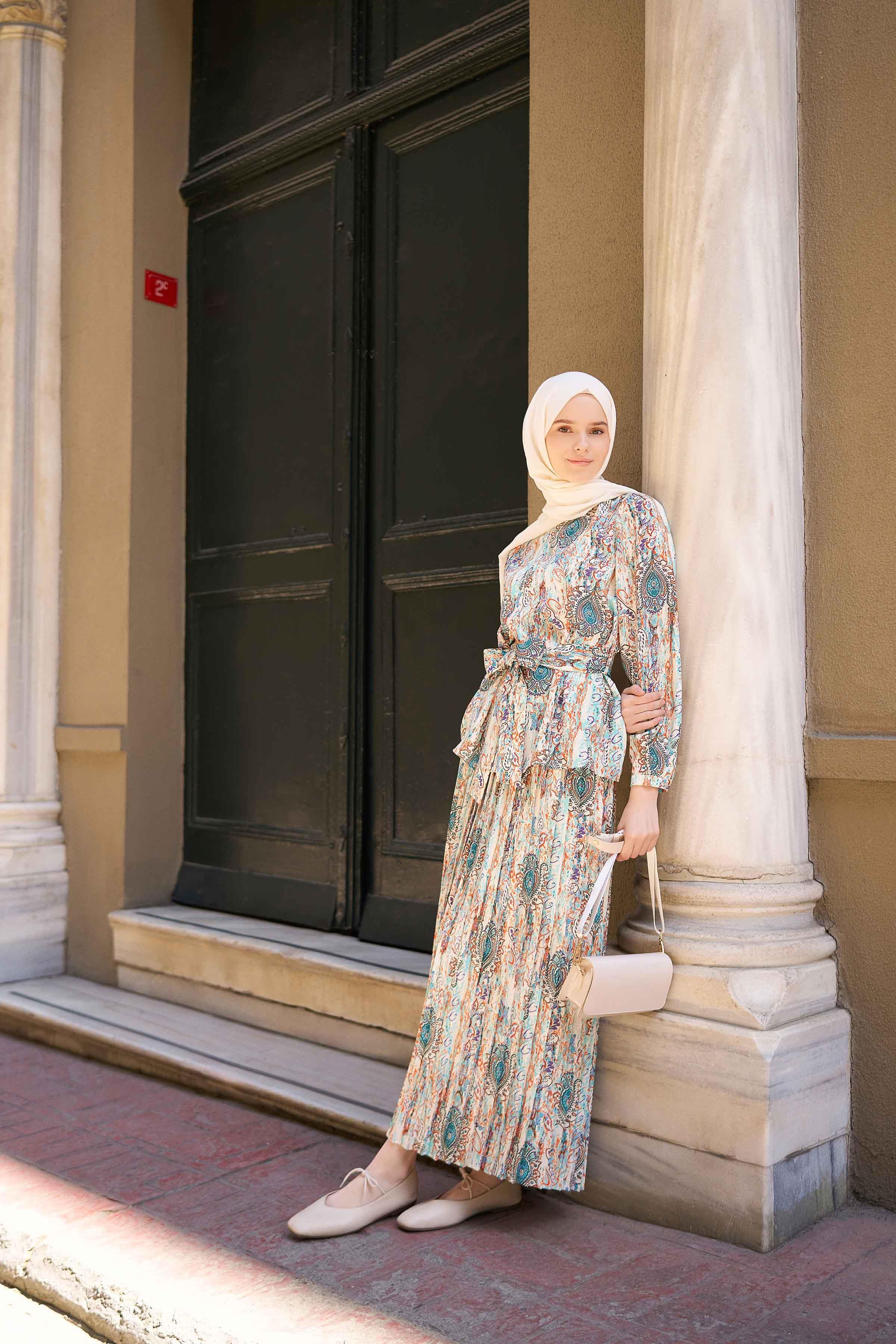 Beli Kuşaklı Desenli Bluz - Mint TUGBA