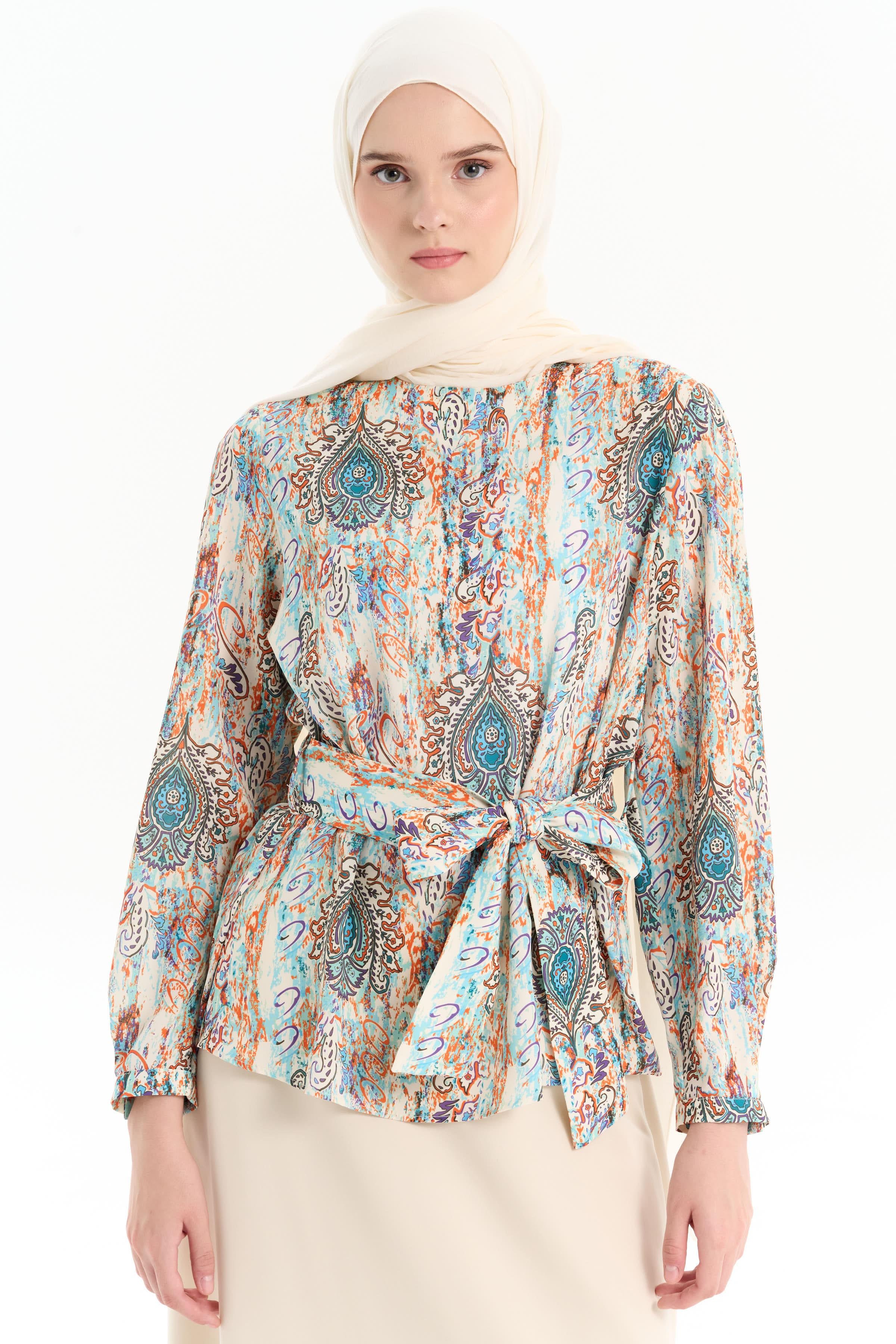 Beli Kuşaklı Desenli Bluz - Mint TUGBA