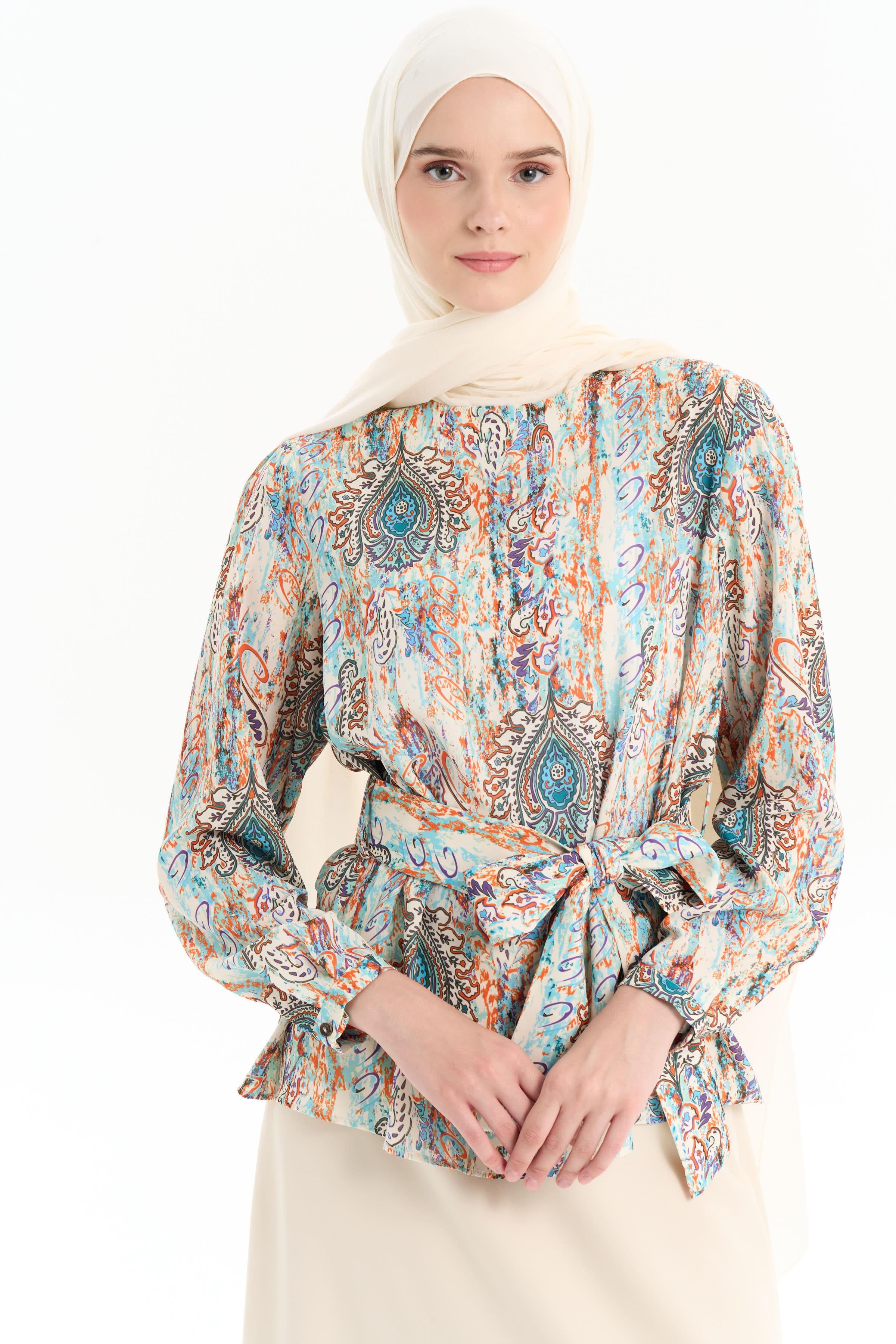 Beli Kuşaklı Desenli Bluz - Mint TUGBA