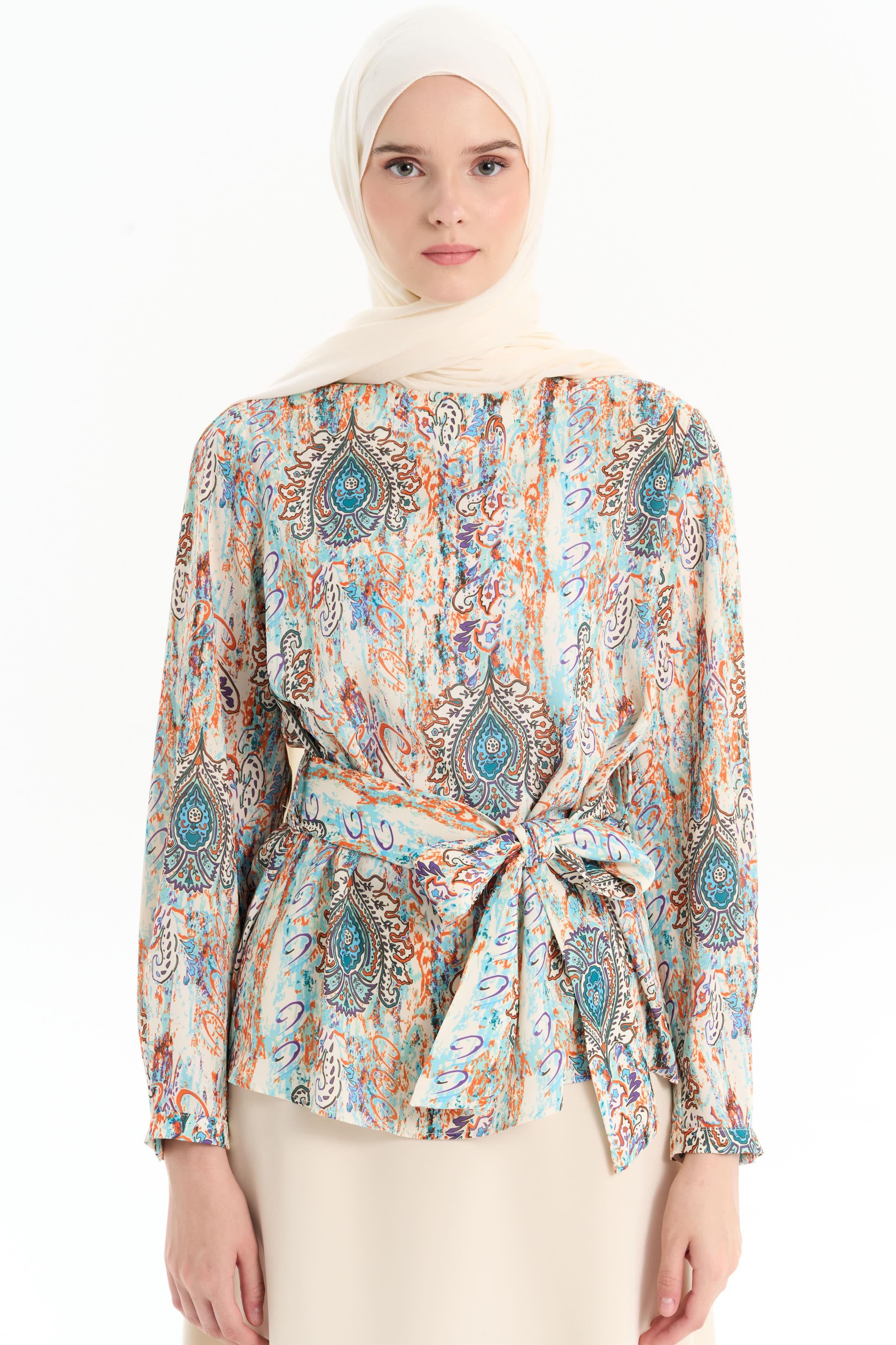 Beli Kuşaklı Desenli Bluz - Mint TUGBA