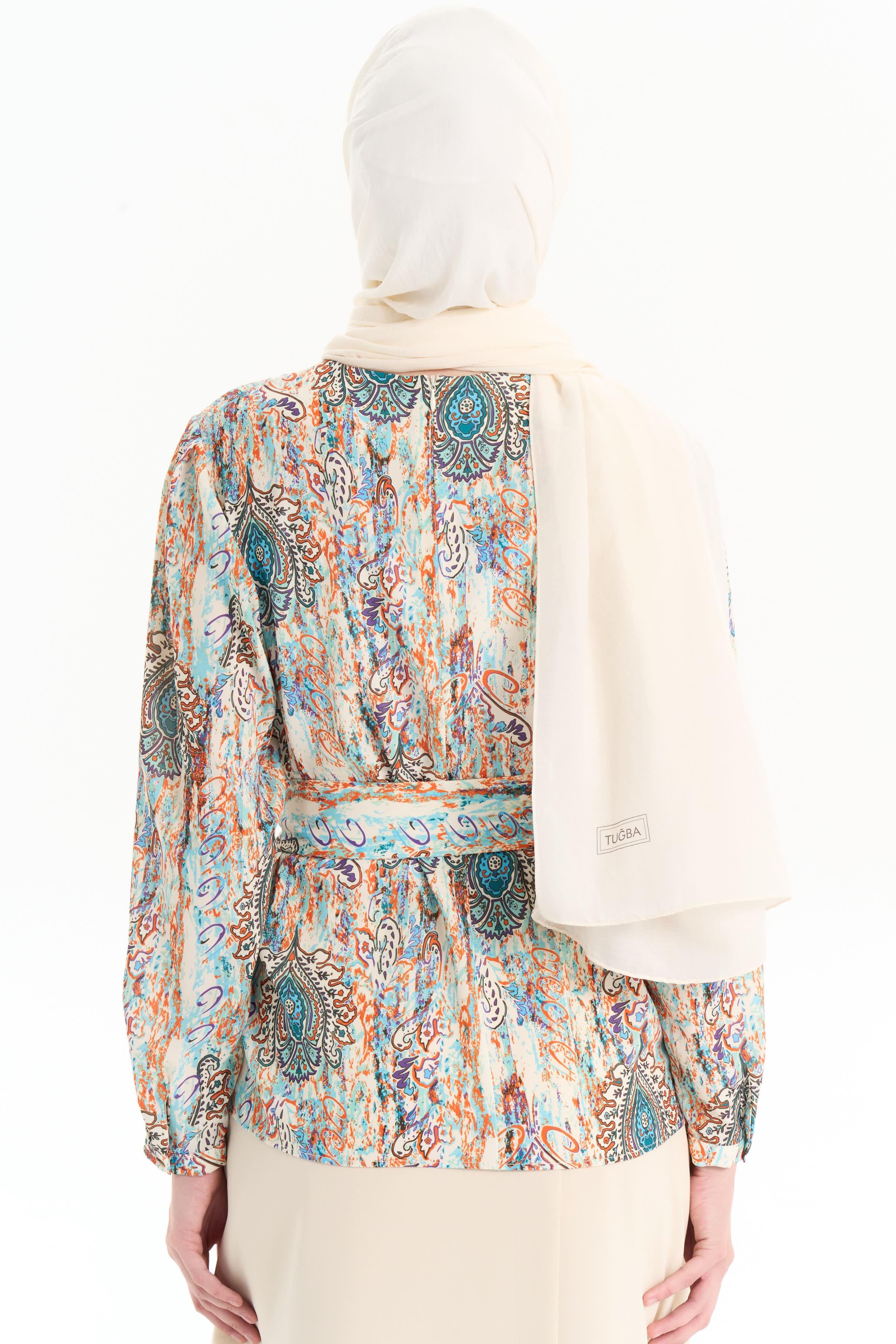 Beli Kuşaklı Desenli Bluz - Mint TUGBA