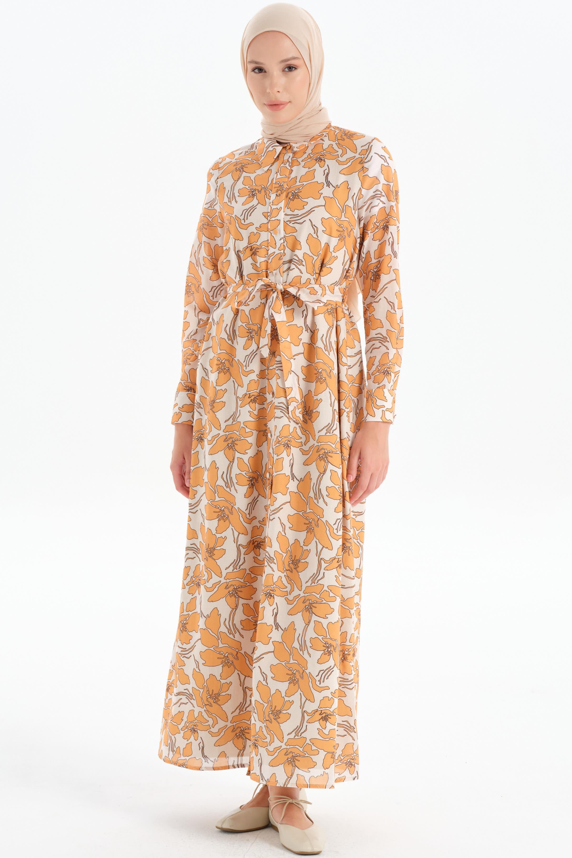 Beli Kuşaklı Desenli Elbise - Bej TUGBA