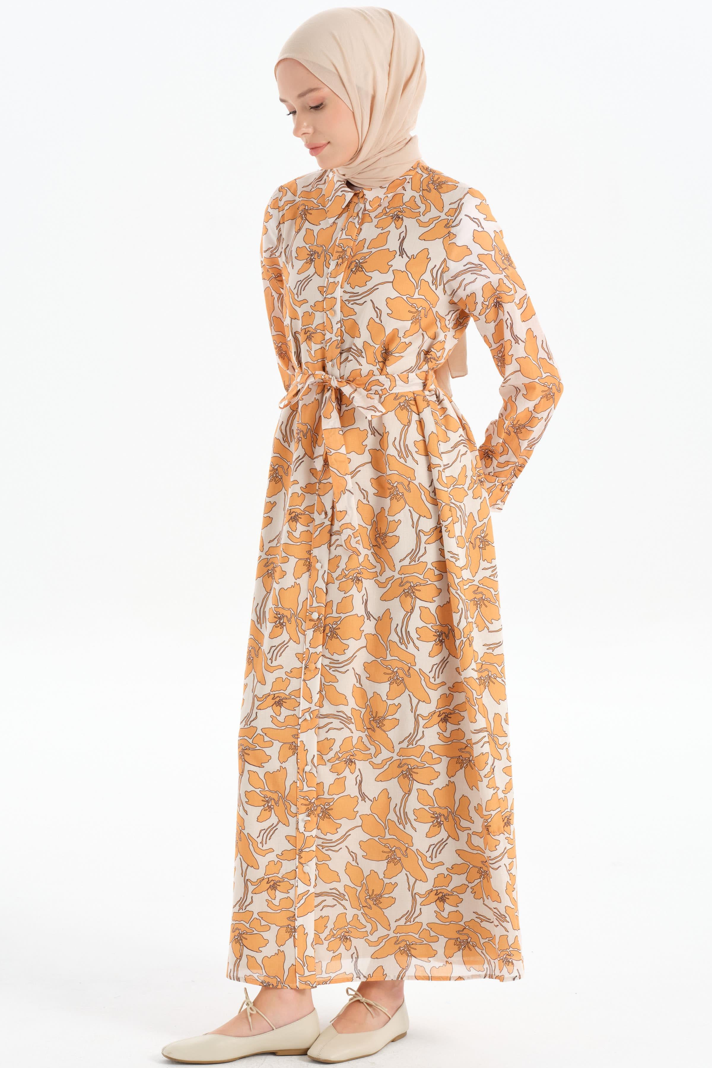 Beli Kuşaklı Desenli Elbise - Bej TUGBA