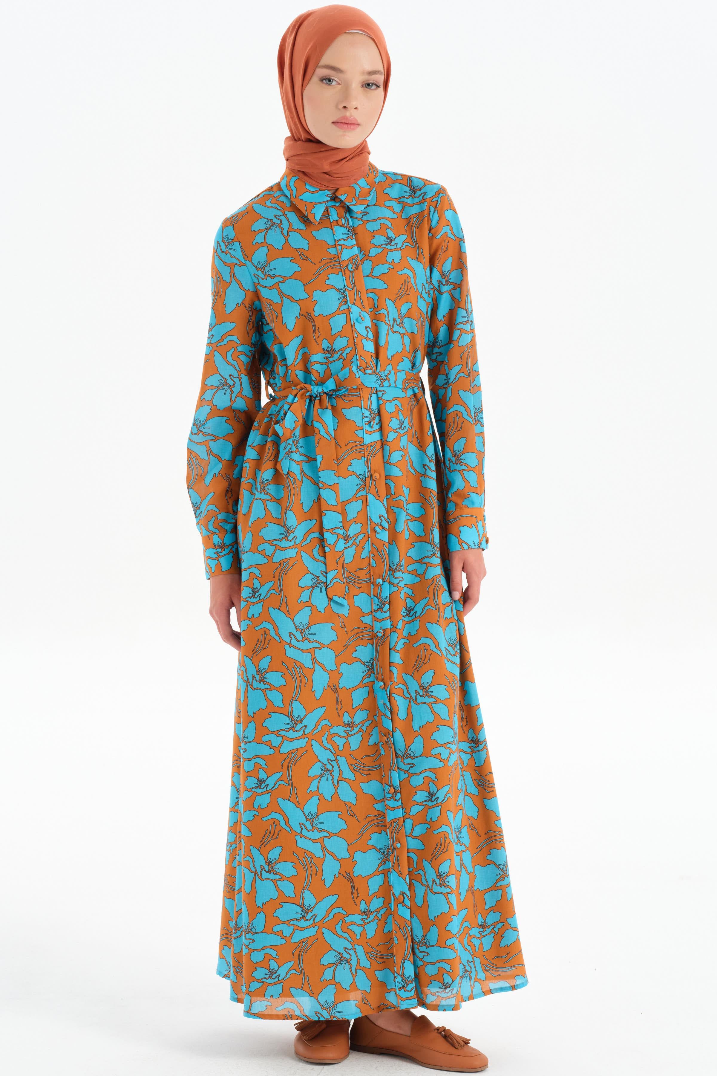 Beli Kuşaklı Desenli Elbise - Kahve TUGBA