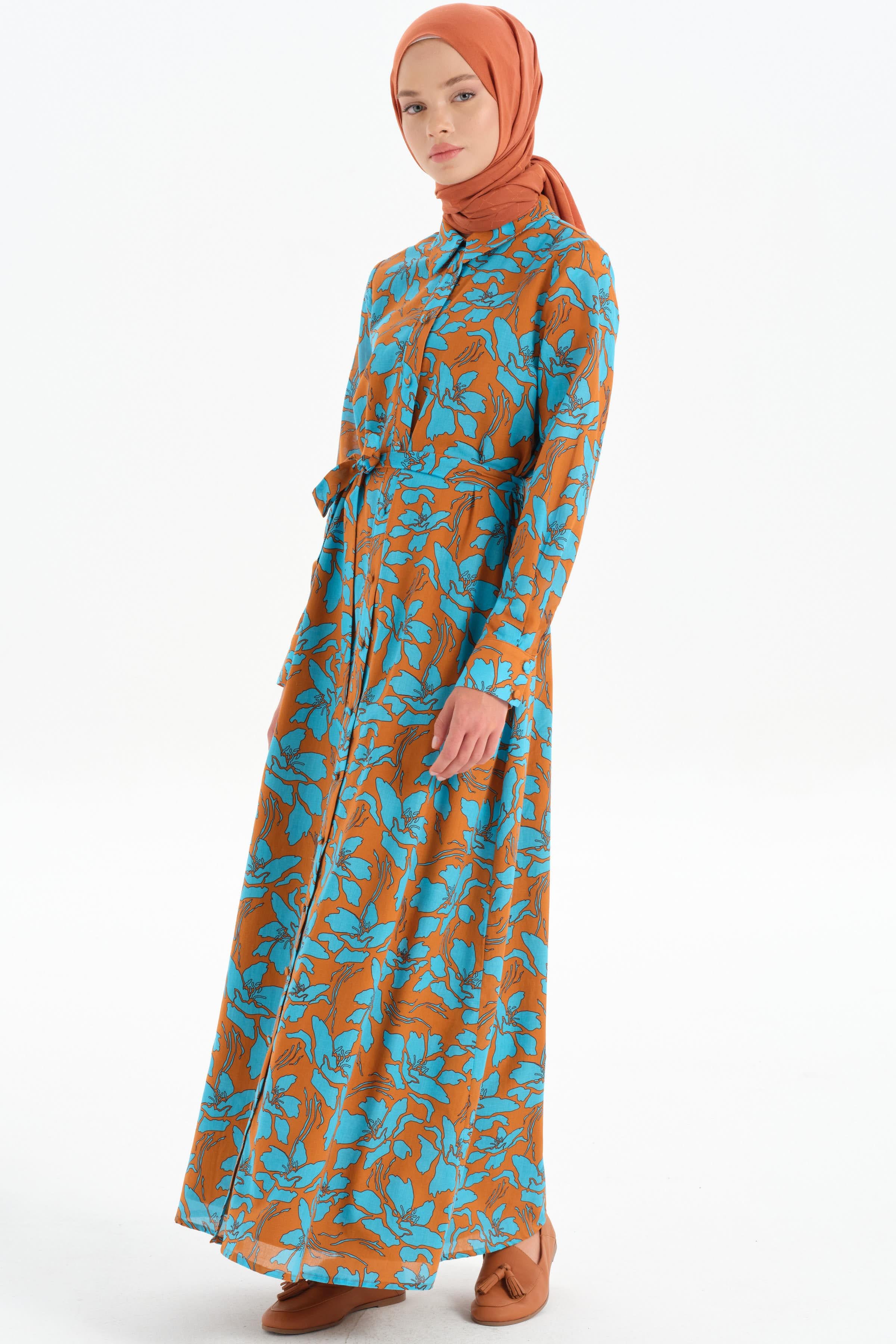 Beli Kuşaklı Desenli Elbise - Kahve TUGBA