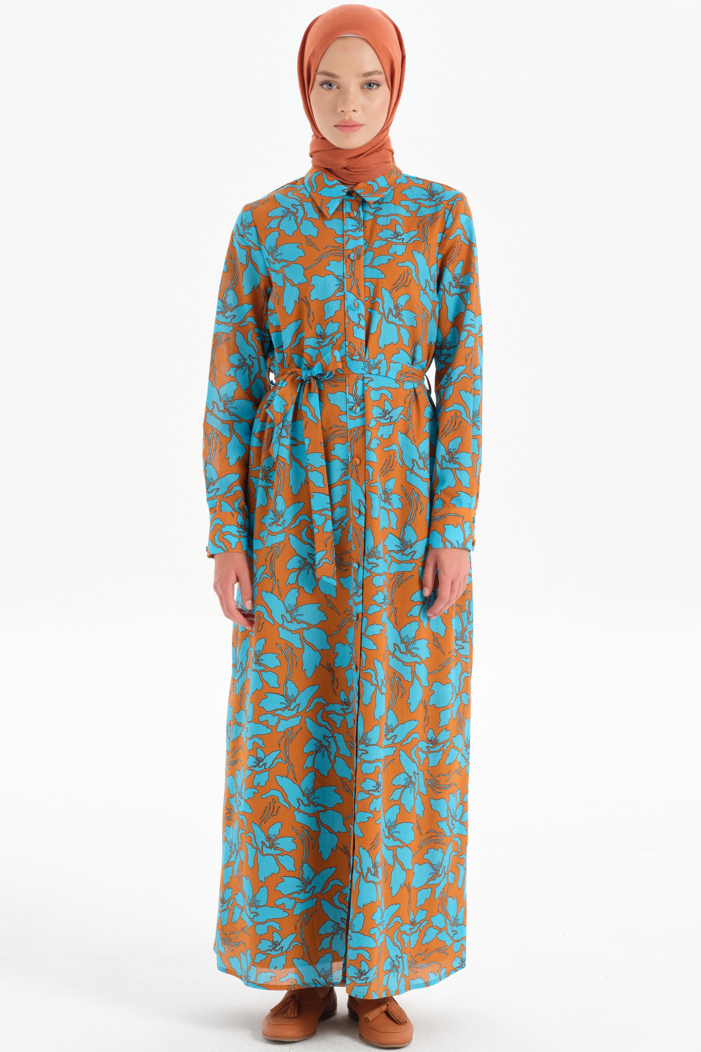 Beli Kuşaklı Desenli Elbise - Kahve TUGBA