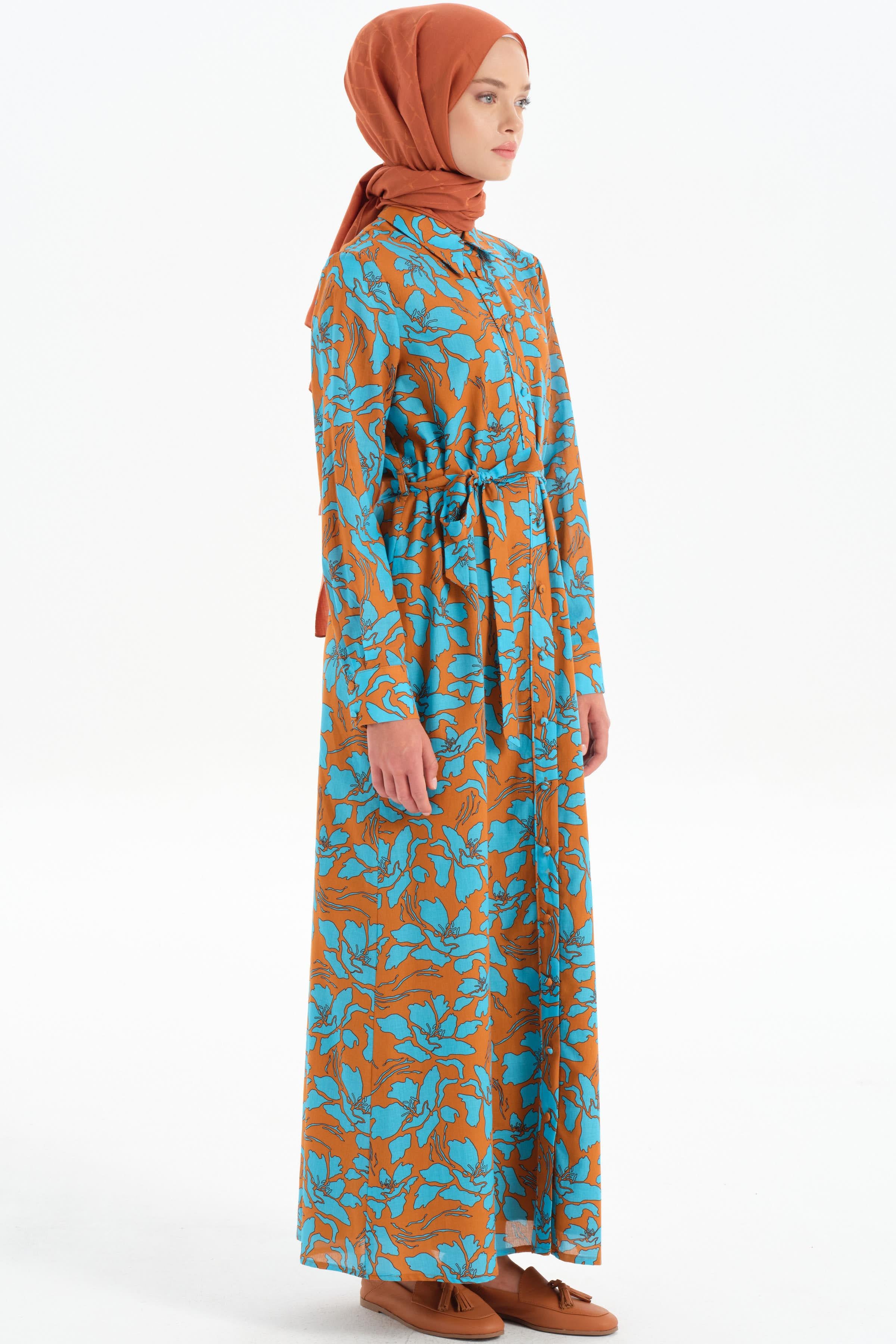 Beli Kuşaklı Desenli Elbise - Kahve TUGBA