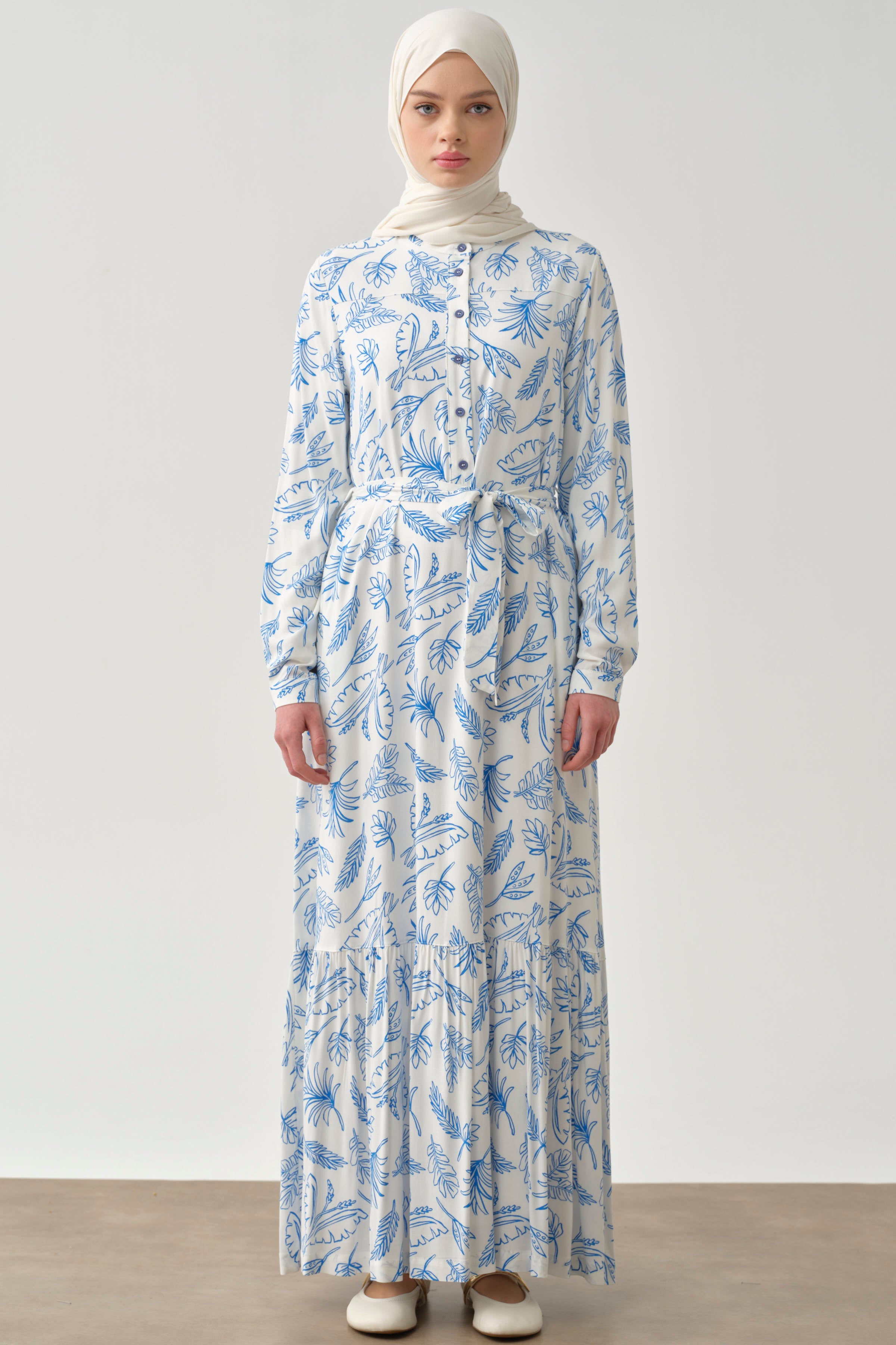 Beli Kuşaklı Desenli Elbise - Mavi TUGBA