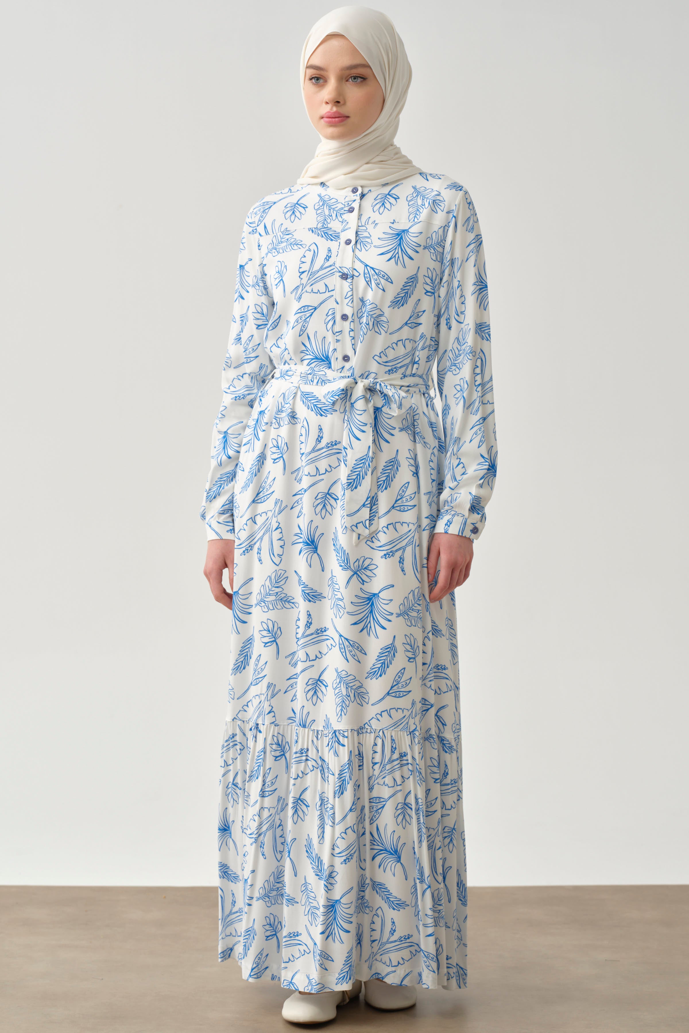 Beli Kuşaklı Desenli Elbise - Mavi TUGBA