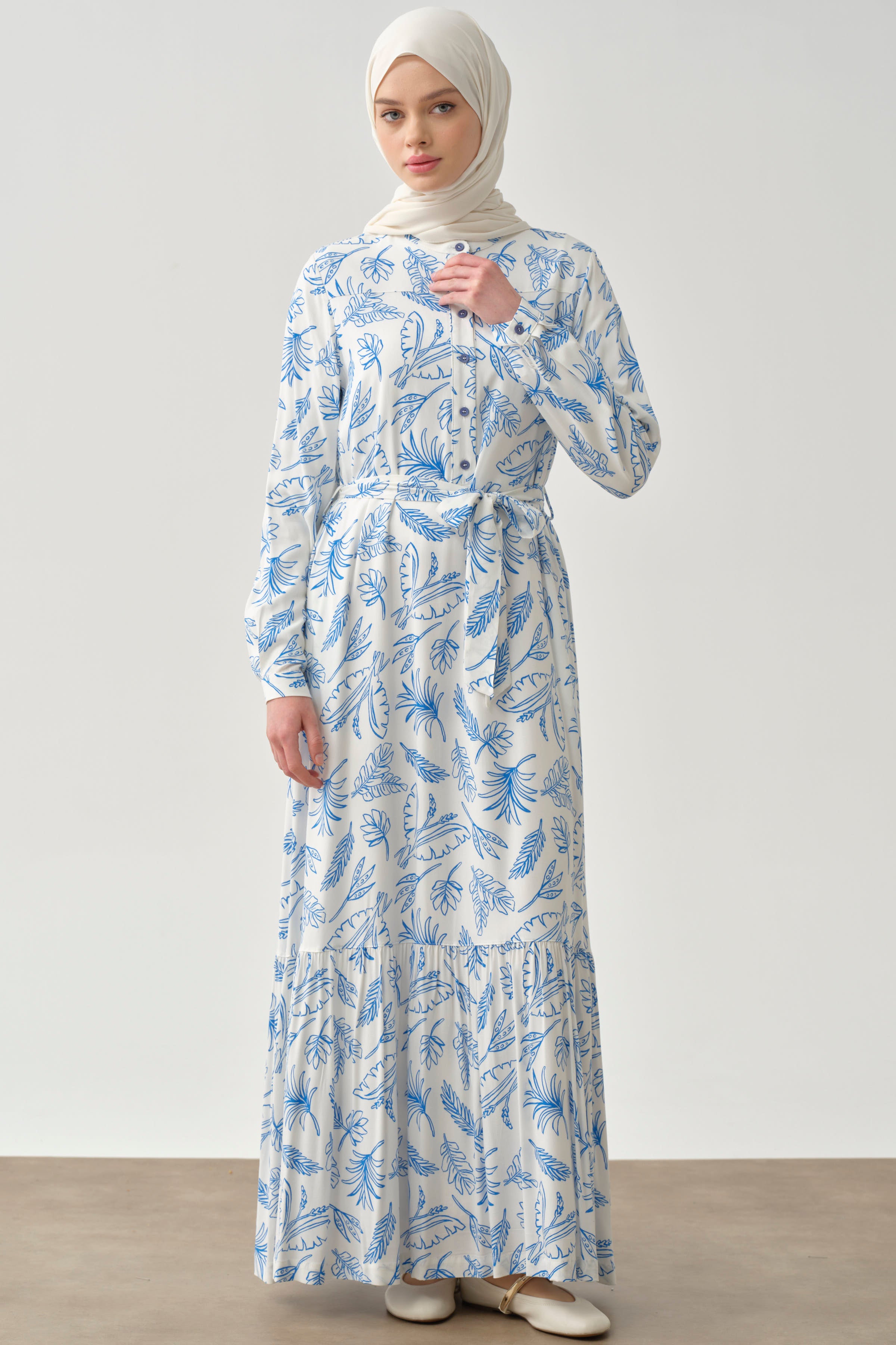 Beli Kuşaklı Desenli Elbise - Mavi TUGBA