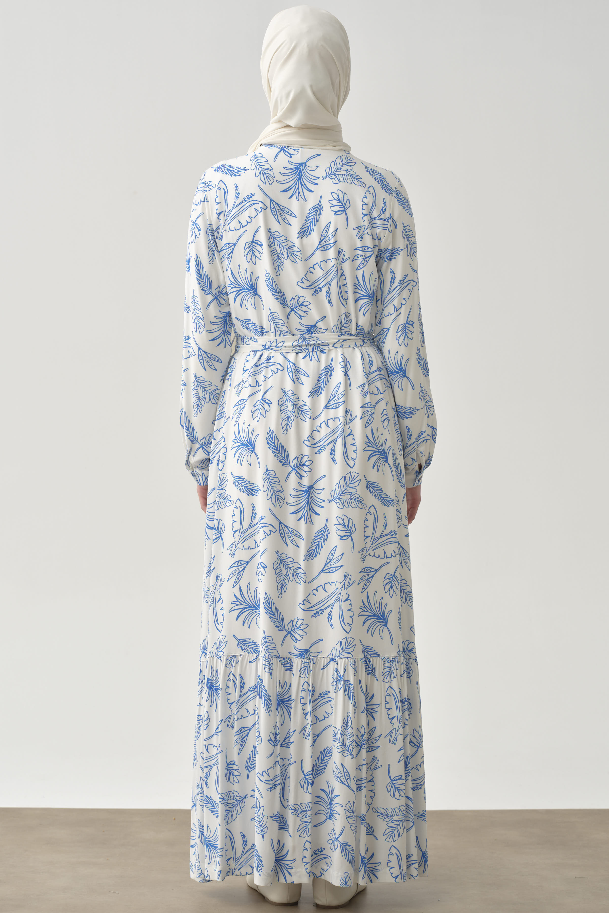 Beli Kuşaklı Desenli Elbise - Mavi TUGBA