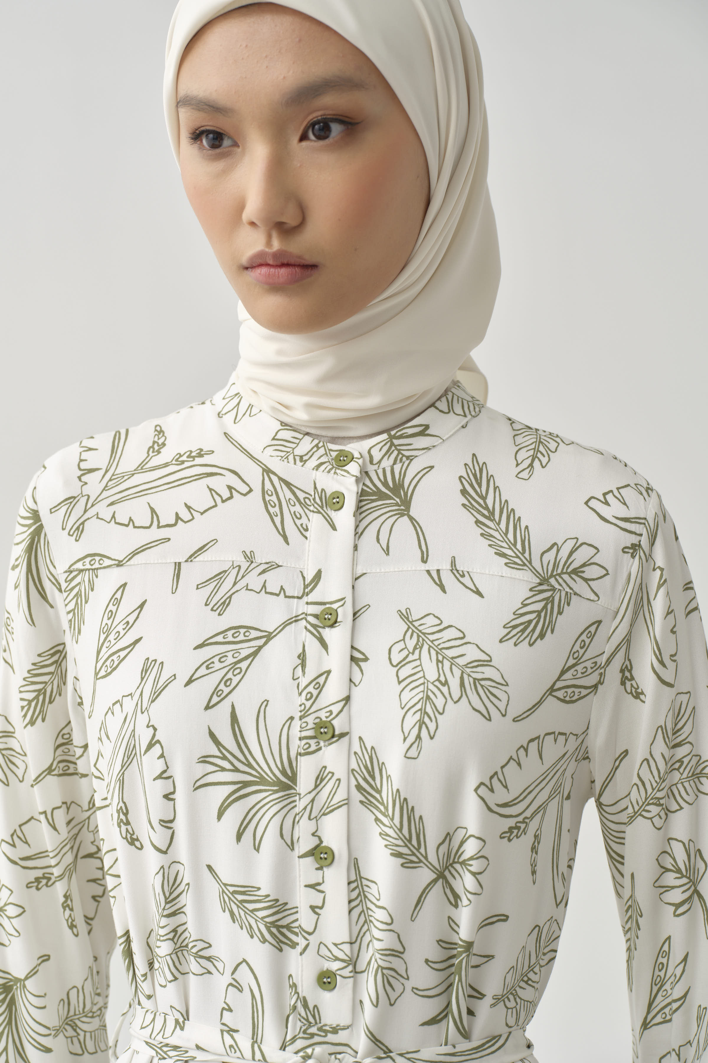 Beli Kuşaklı Desenli Elbise - Olive TUGBA