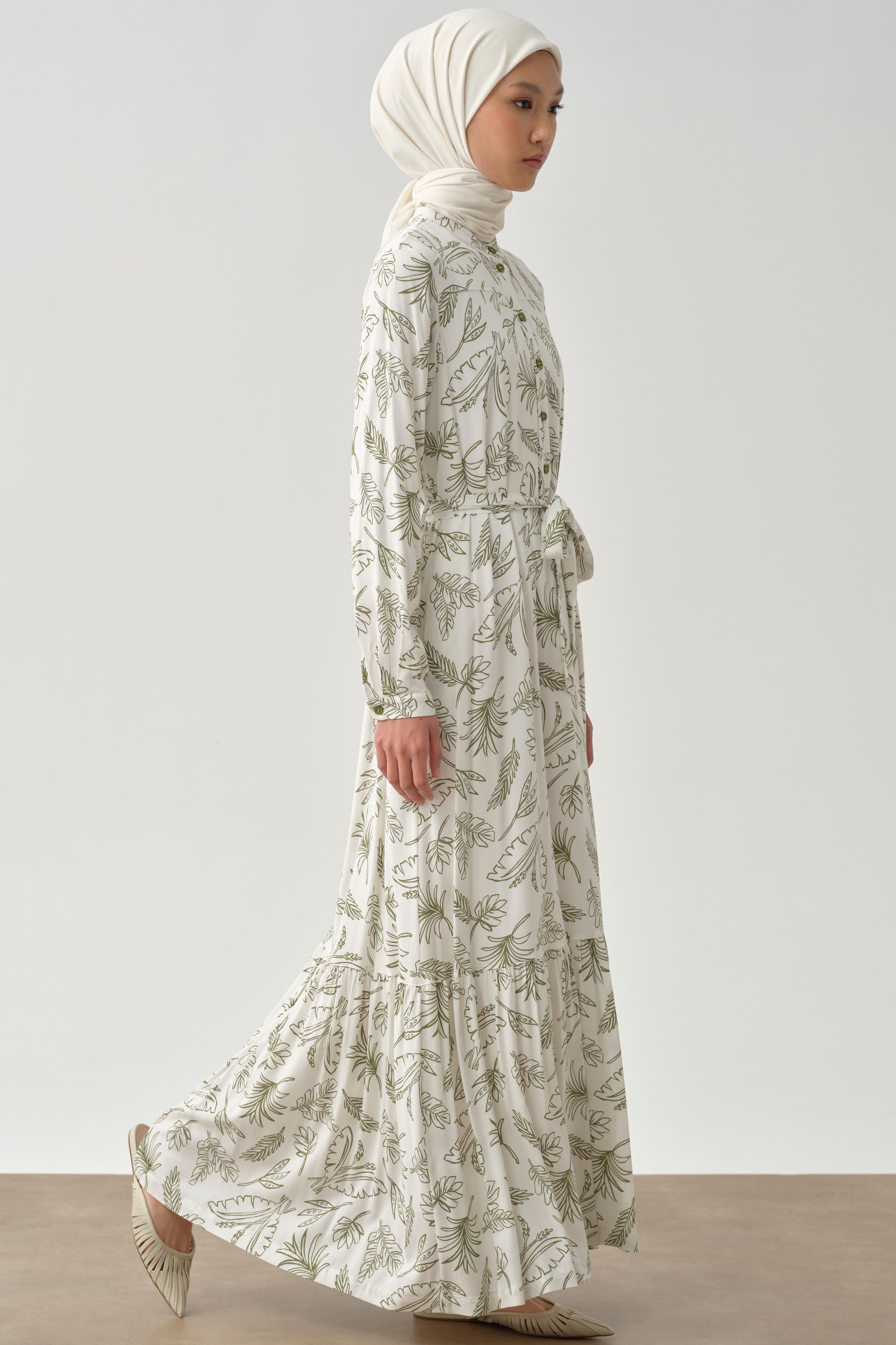 Beli Kuşaklı Desenli Elbise - Olive TUGBA