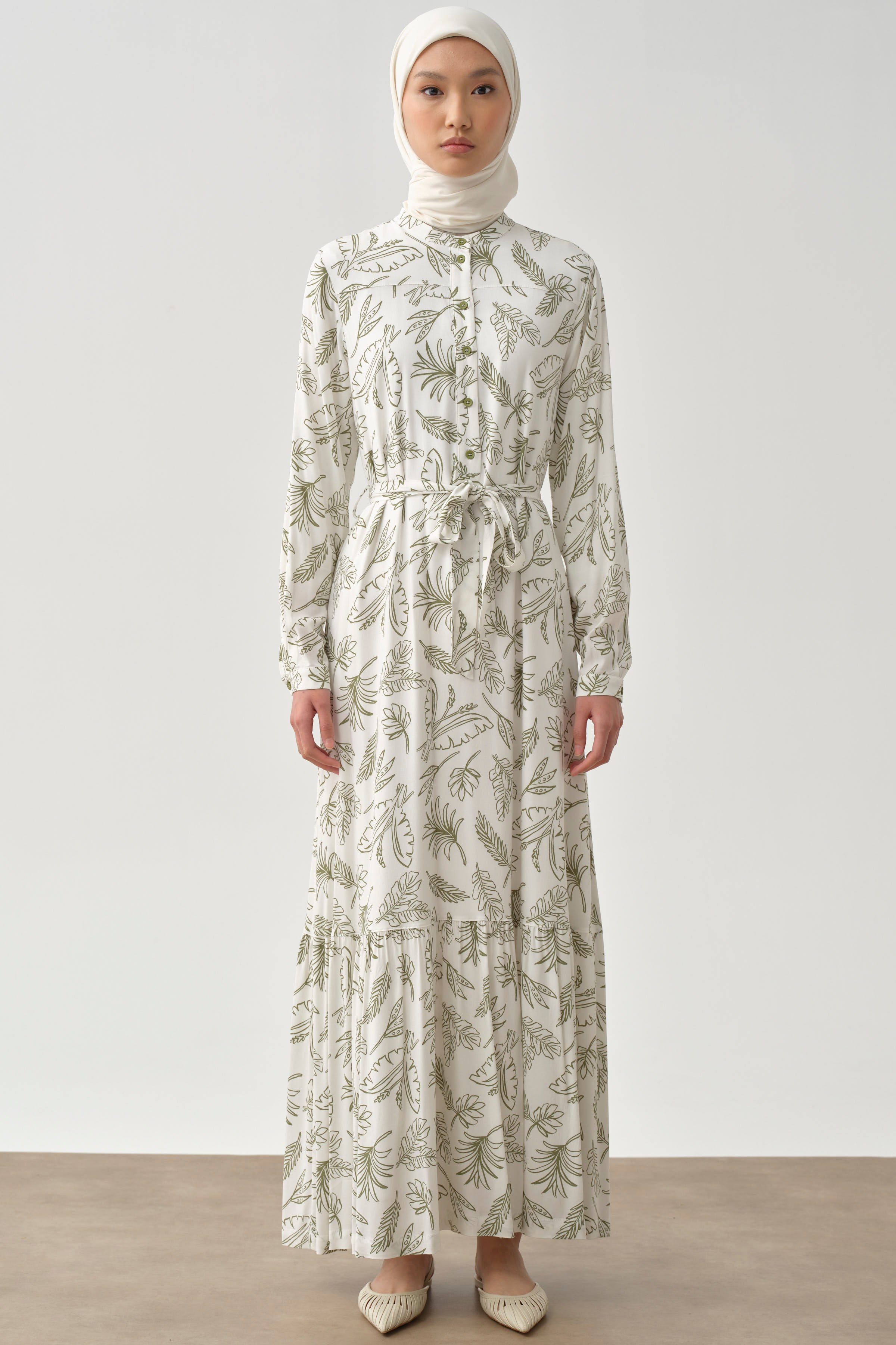 Beli Kuşaklı Desenli Elbise - Olive TUGBA