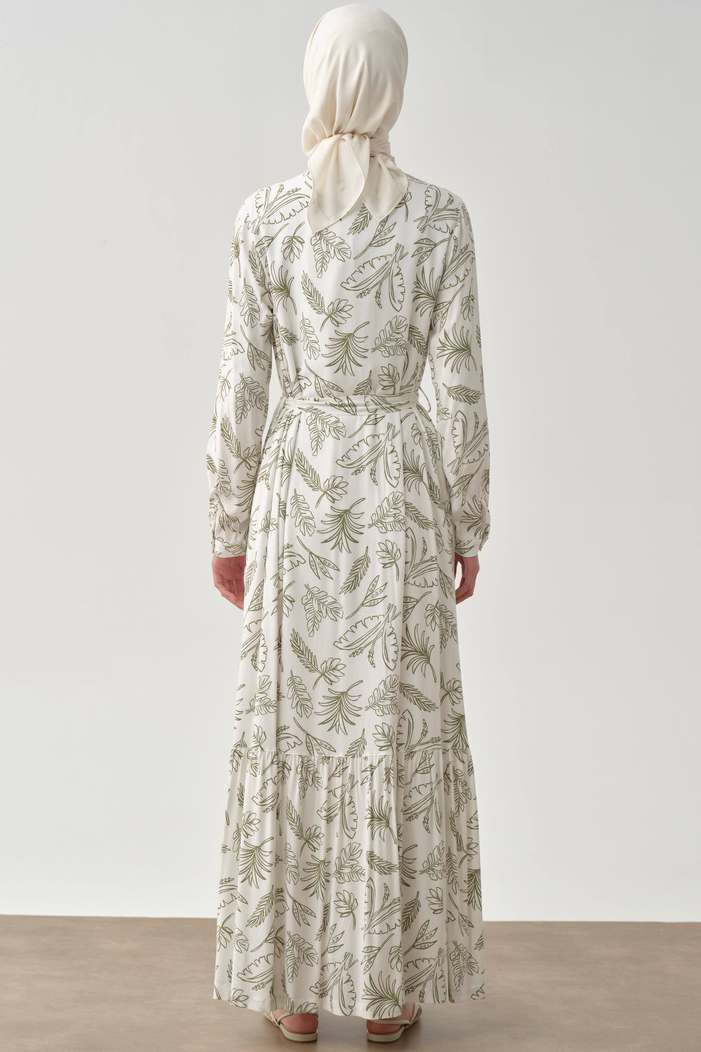 Beli Kuşaklı Desenli Elbise - Olive TUGBA