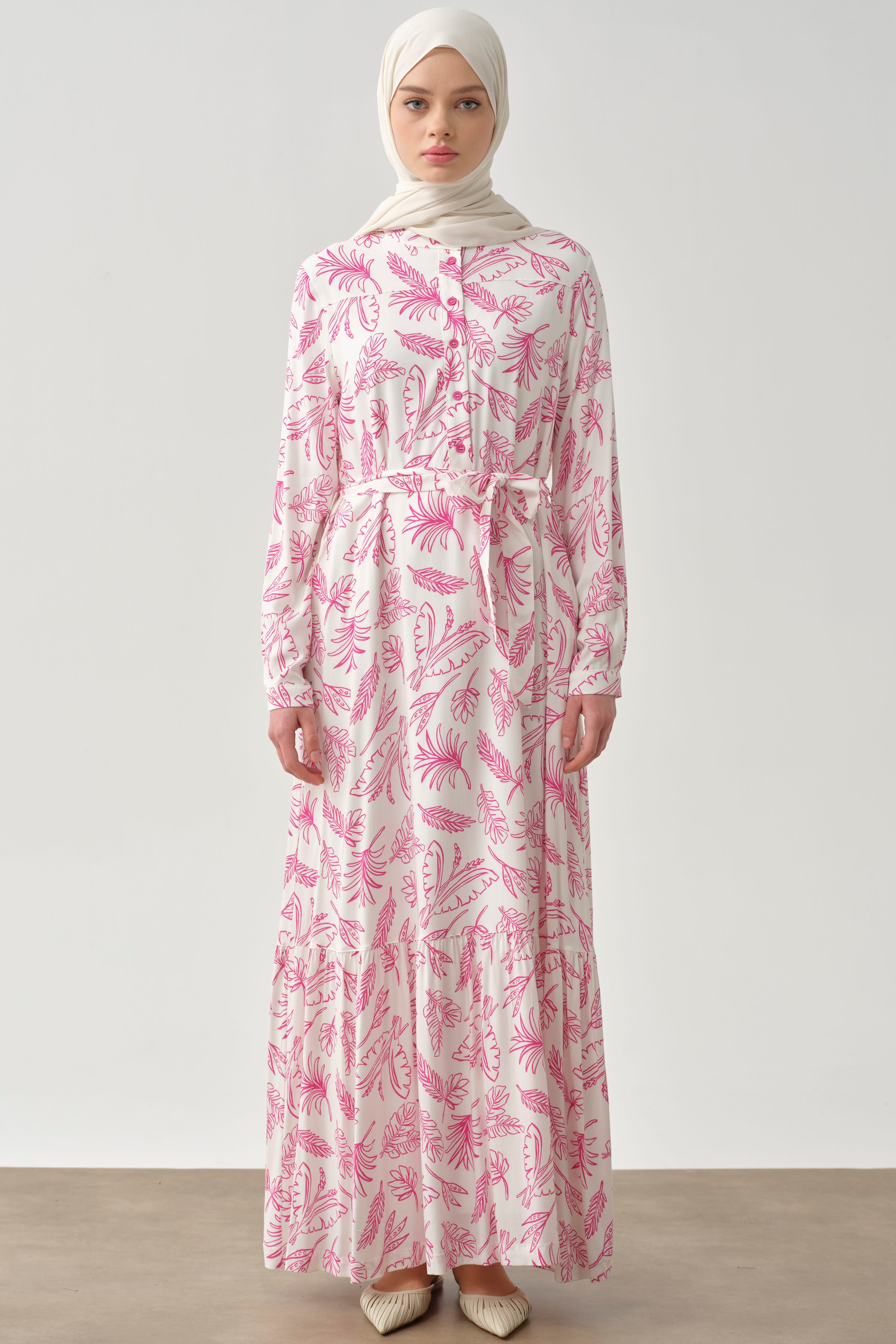 Beli Kuşaklı Desenli Elbise - Pembe TUGBA