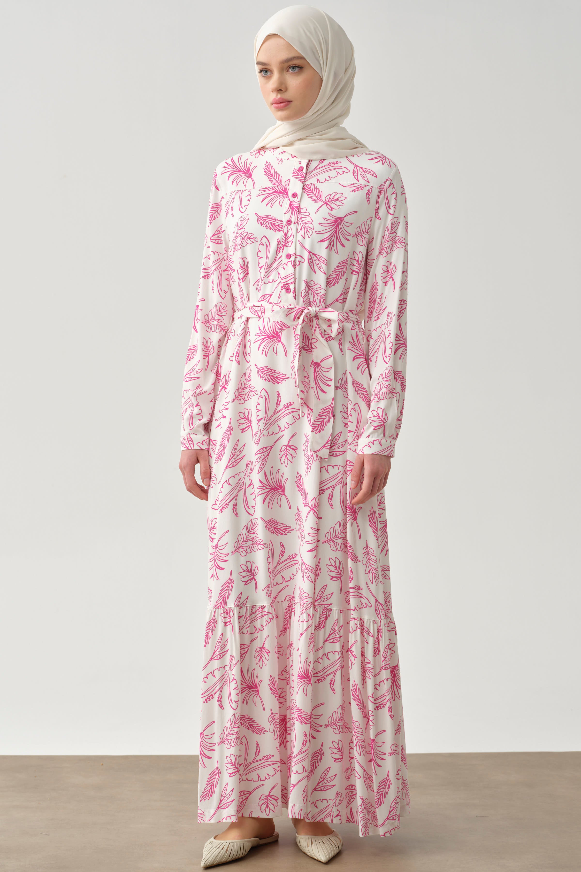 Beli Kuşaklı Desenli Elbise - Pembe TUGBA