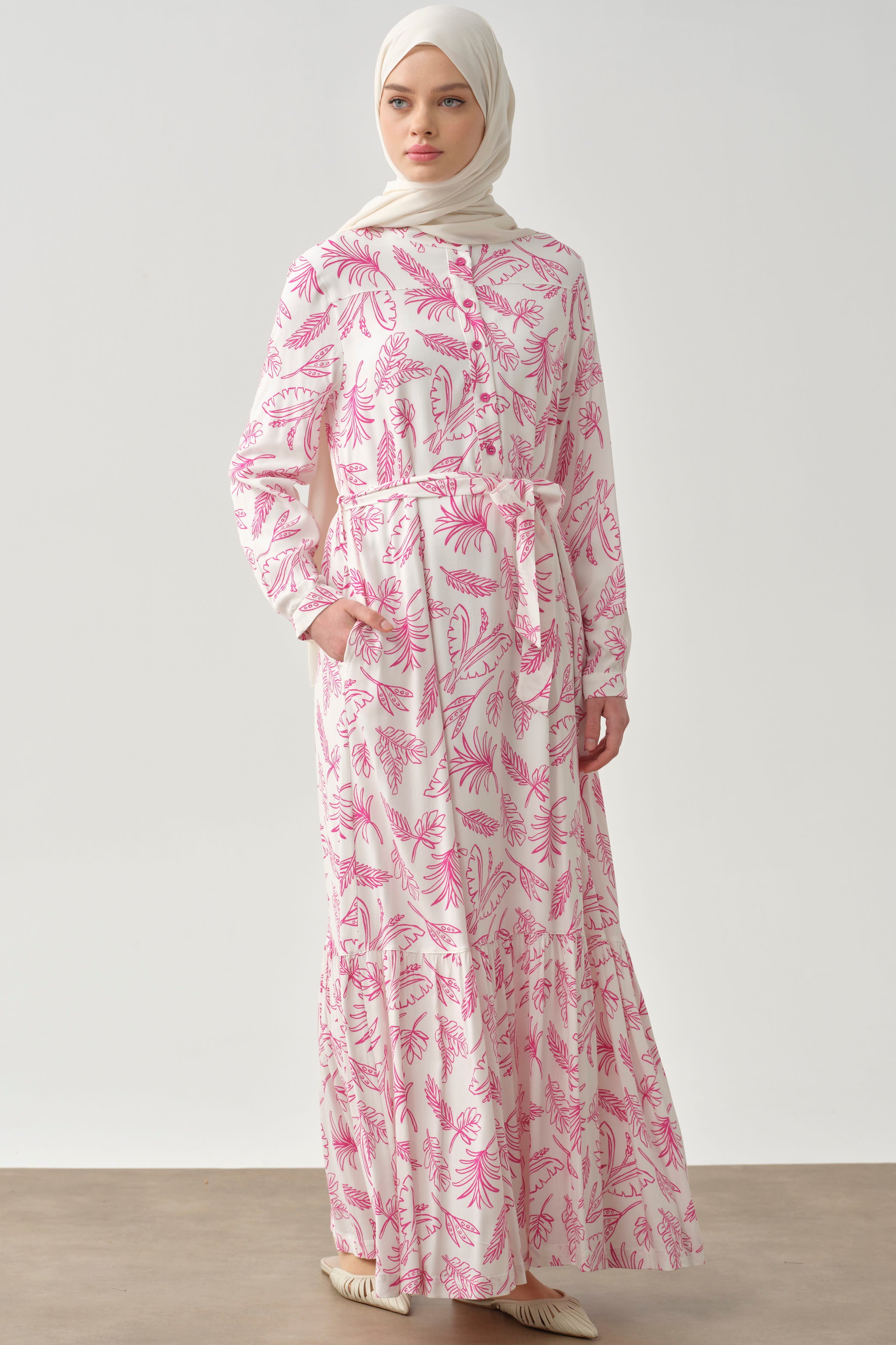 Beli Kuşaklı Desenli Elbise - Pembe TUGBA