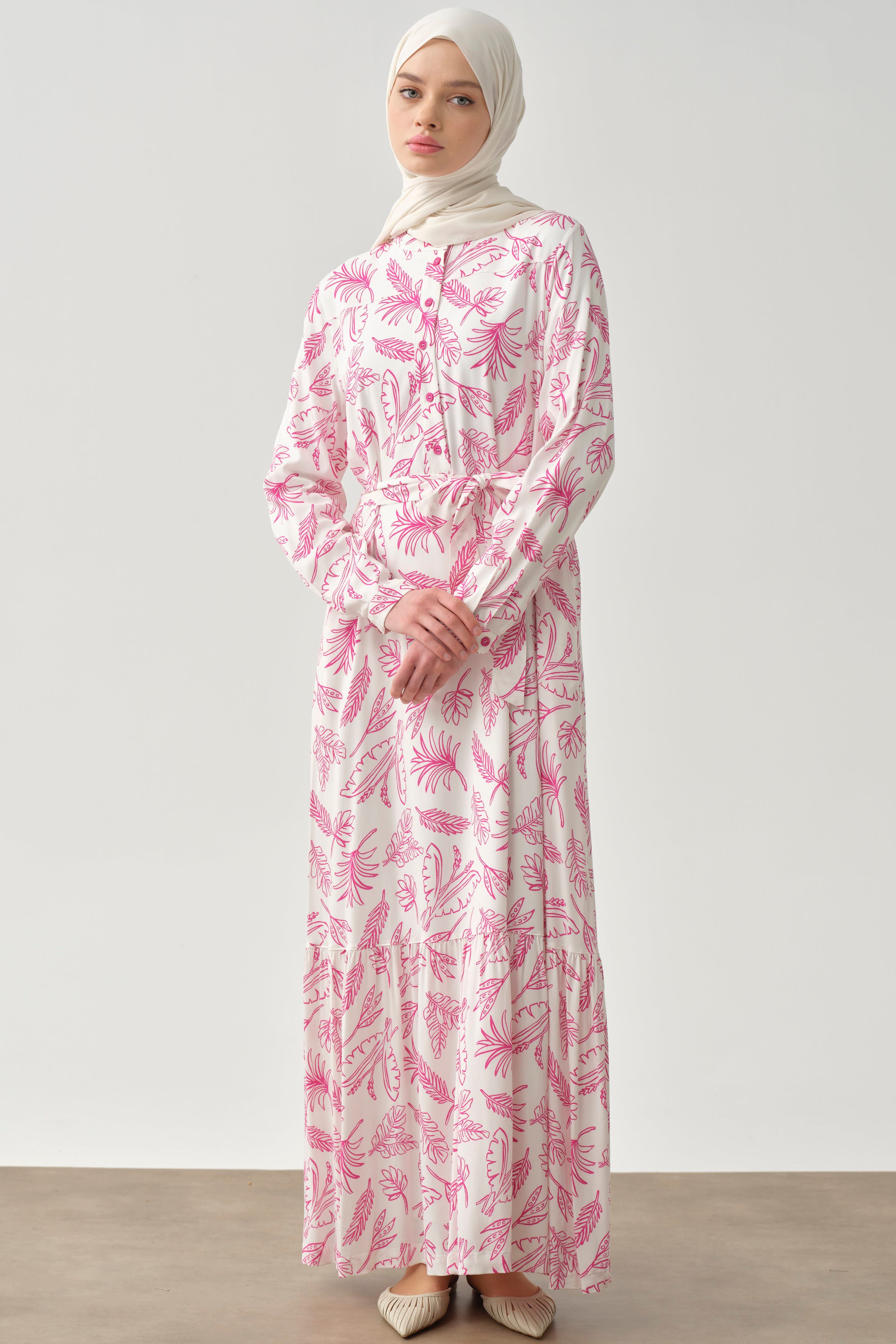 Beli Kuşaklı Desenli Elbise - Pembe TUGBA