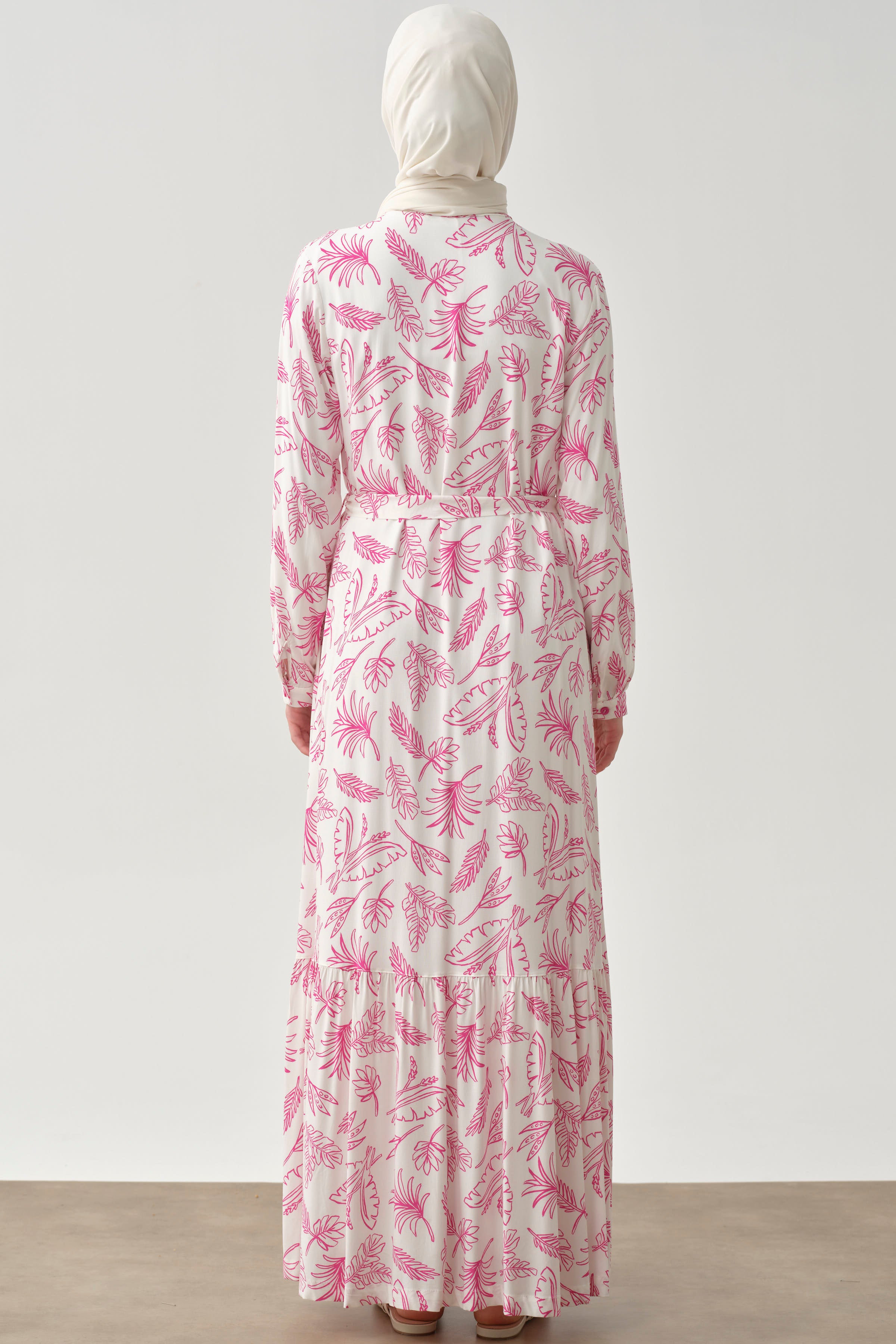 Beli Kuşaklı Desenli Elbise - Pembe TUGBA