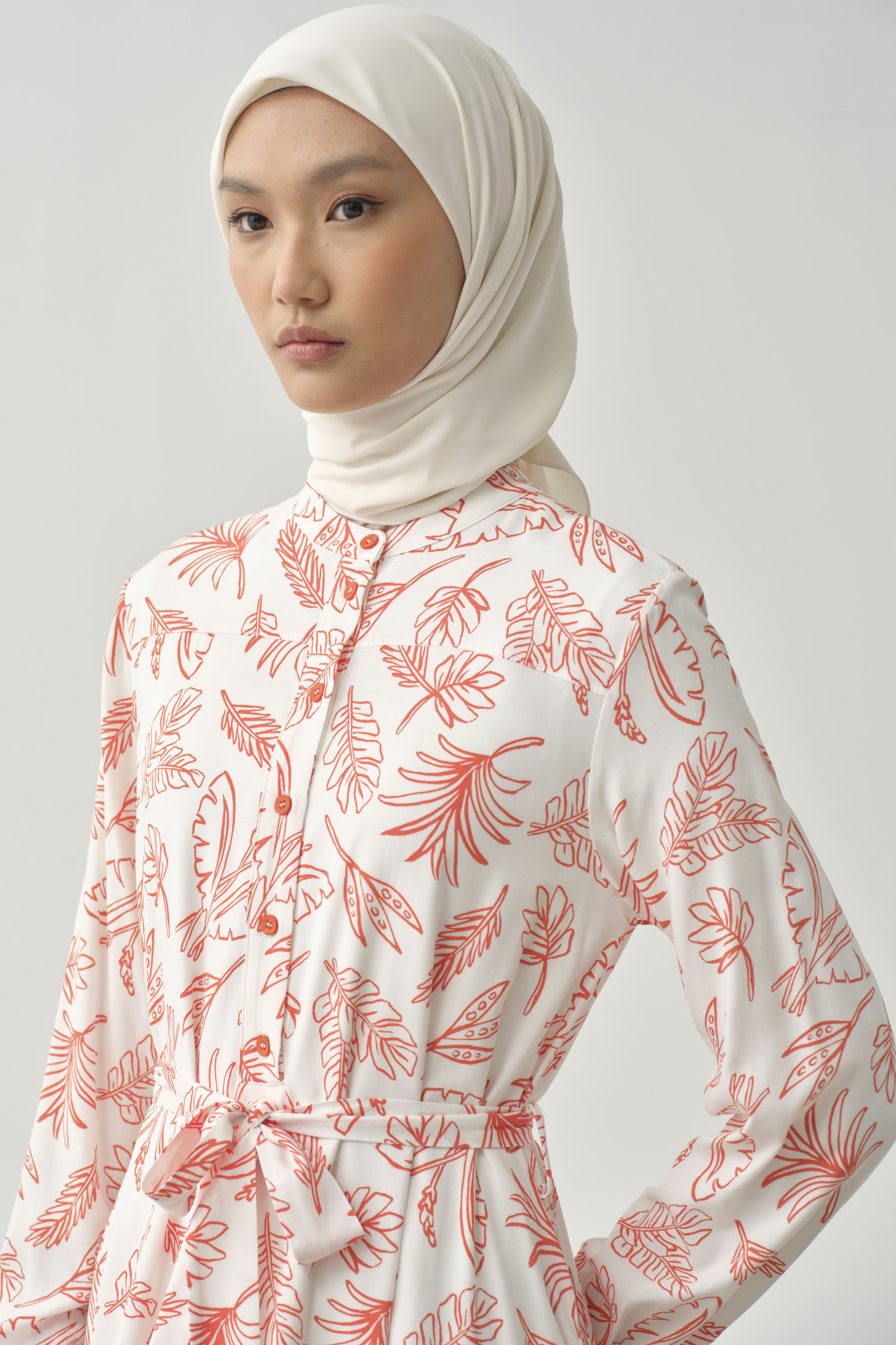 Beli Kuşaklı Desenli Elbise - Turuncu TUGBA