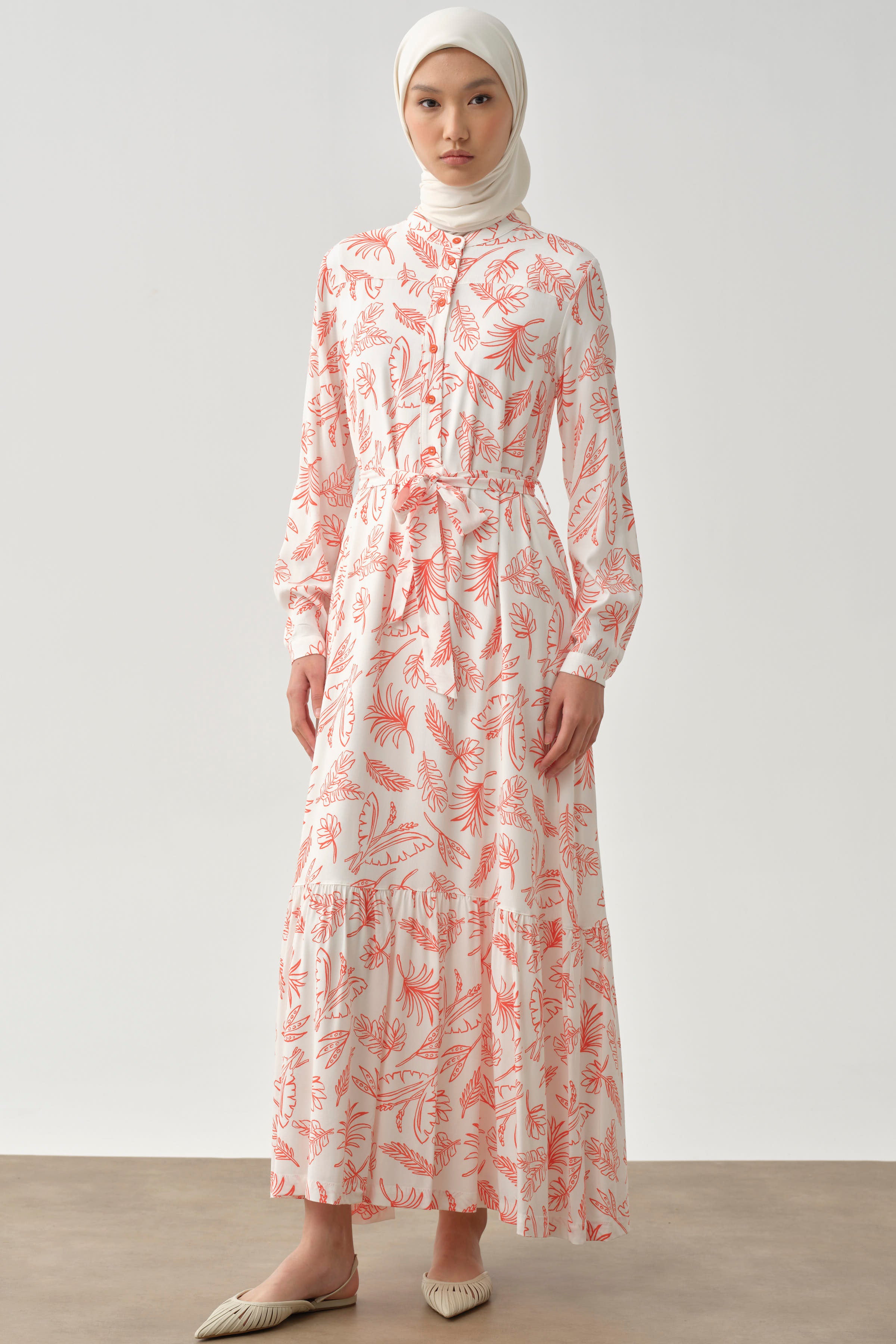 Beli Kuşaklı Desenli Elbise - Turuncu TUGBA