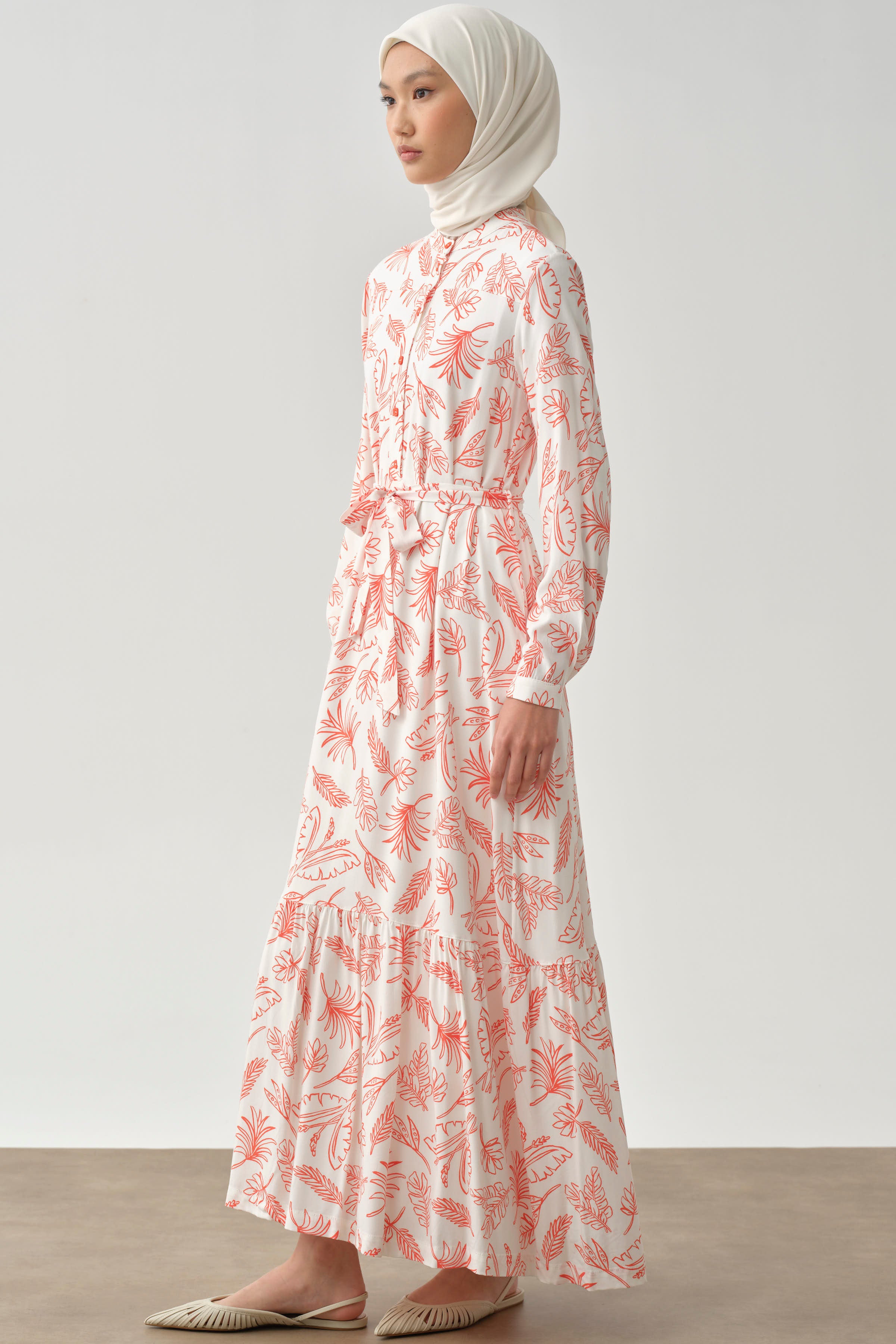 Beli Kuşaklı Desenli Elbise - Turuncu TUGBA